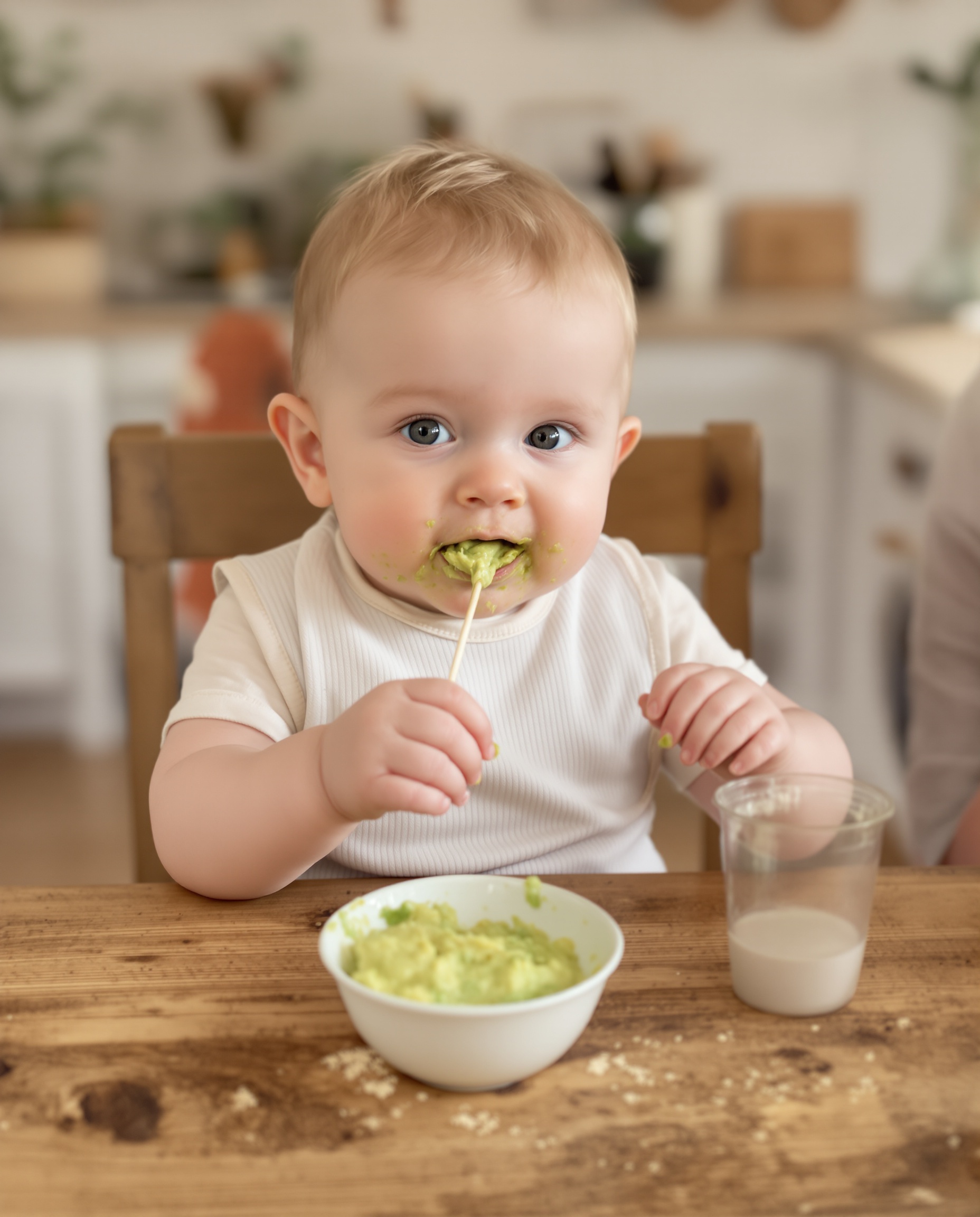 Bébé mangeant avocat et yaourt nature