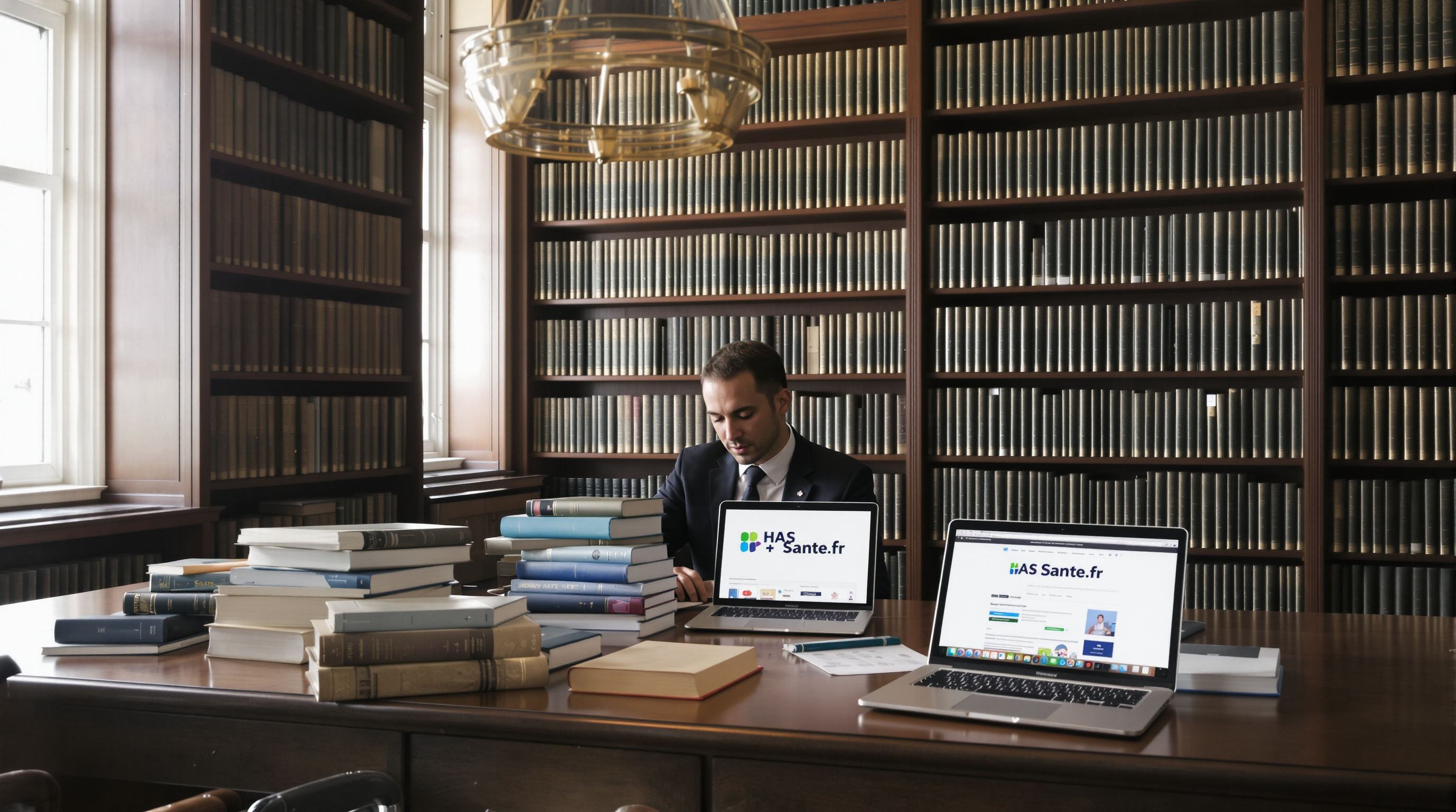 Bibliothèque institutionnelle symbolisant la masse d'informations médicales officielles.