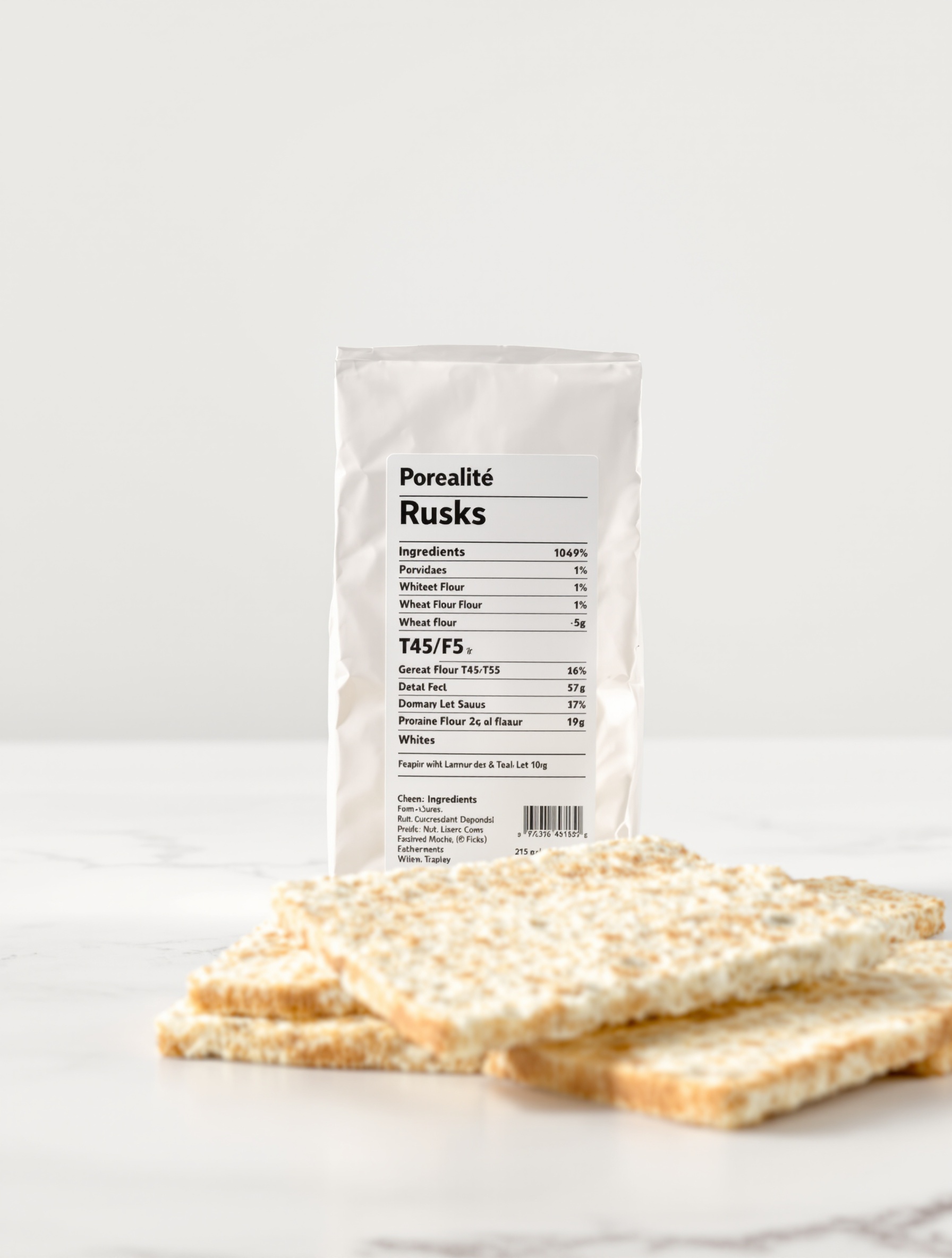Biscottes blanches emballées, fabriquées avec de la farine T45 ou T55