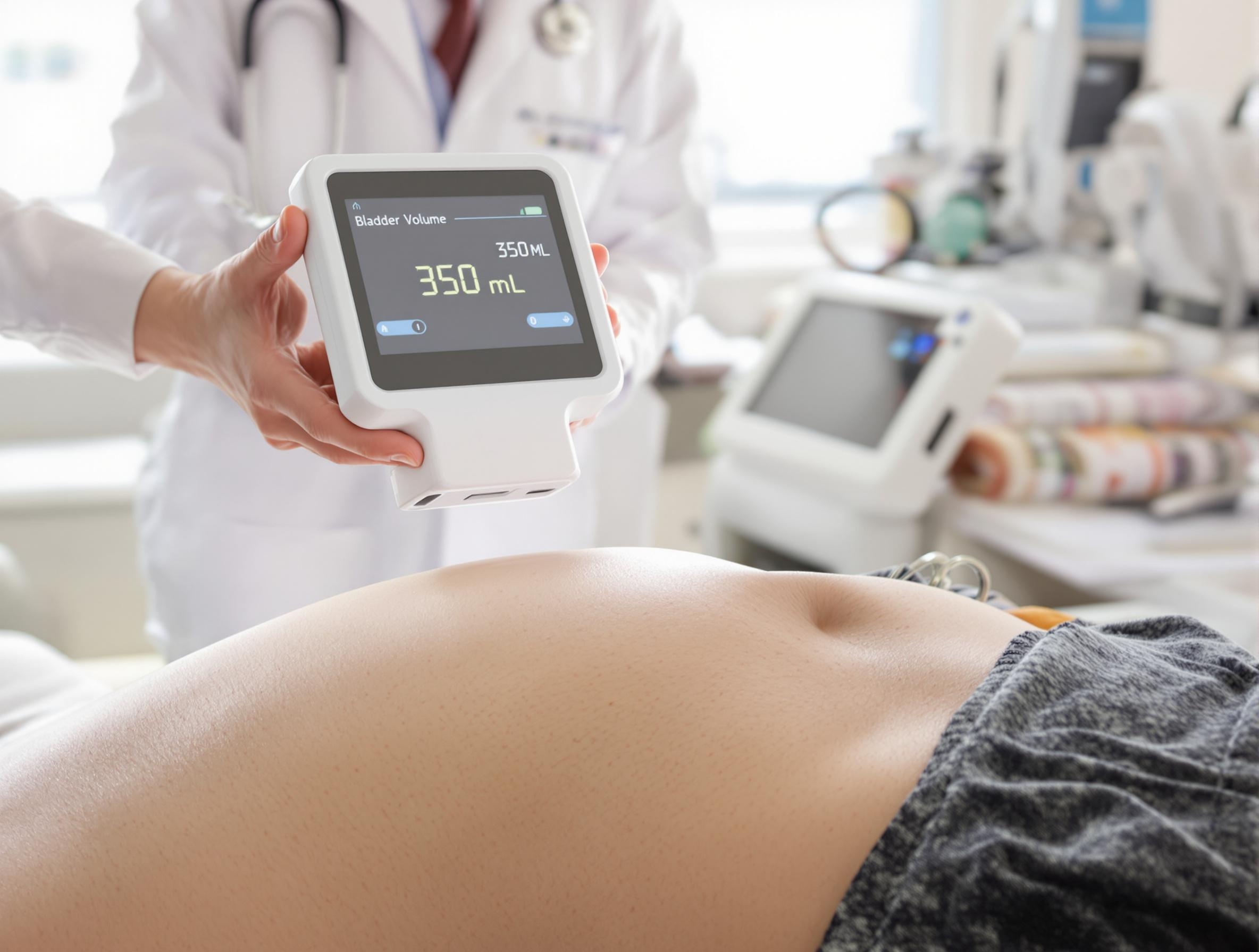 Bladder scanner positionné au-dessus de la symphyse pubienne d’un patient, affichant 350 mL de volume vésical