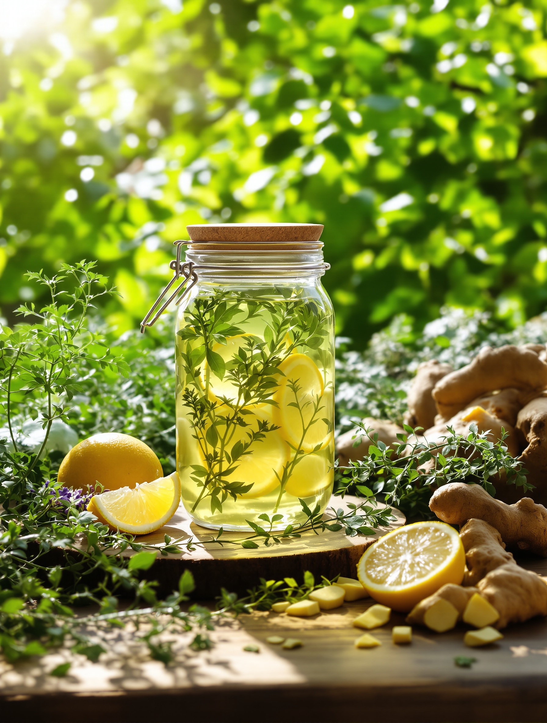 Bocal d'élixir Ikarian maison entouré de plantes fraîches, citron et gingembre