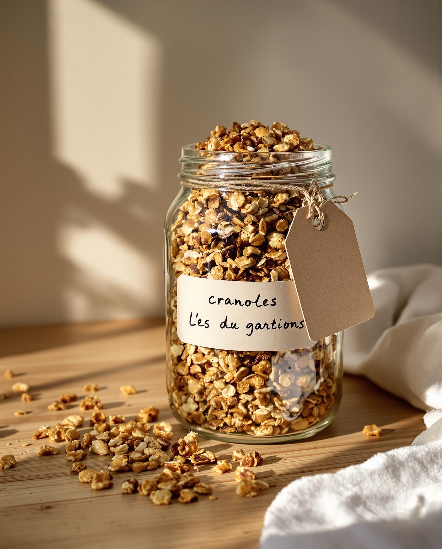 Bocal en verre rempli de granola maison croustillant
