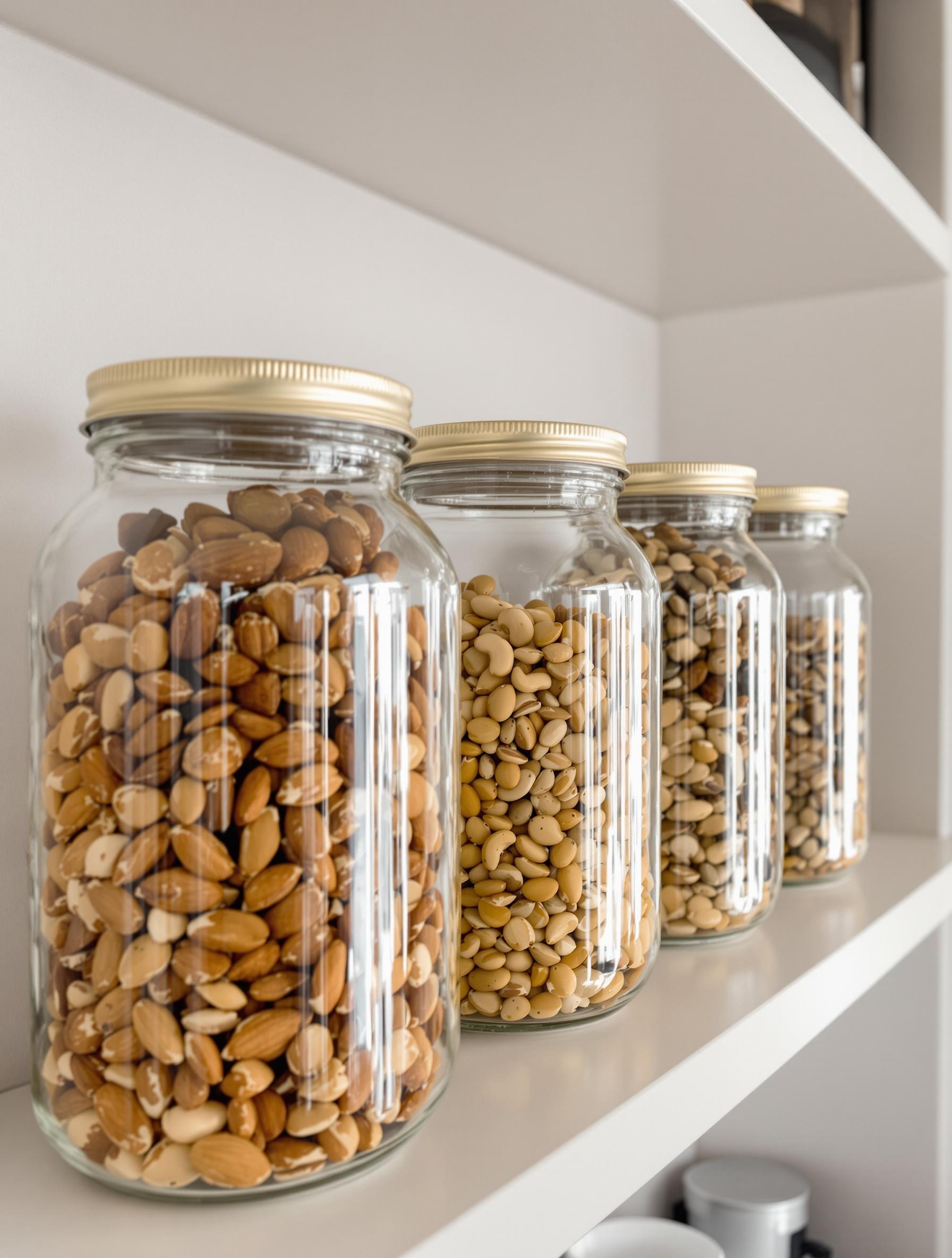 Bocaux en verre alignés : amandes, graines de tournesol, noix de cajou