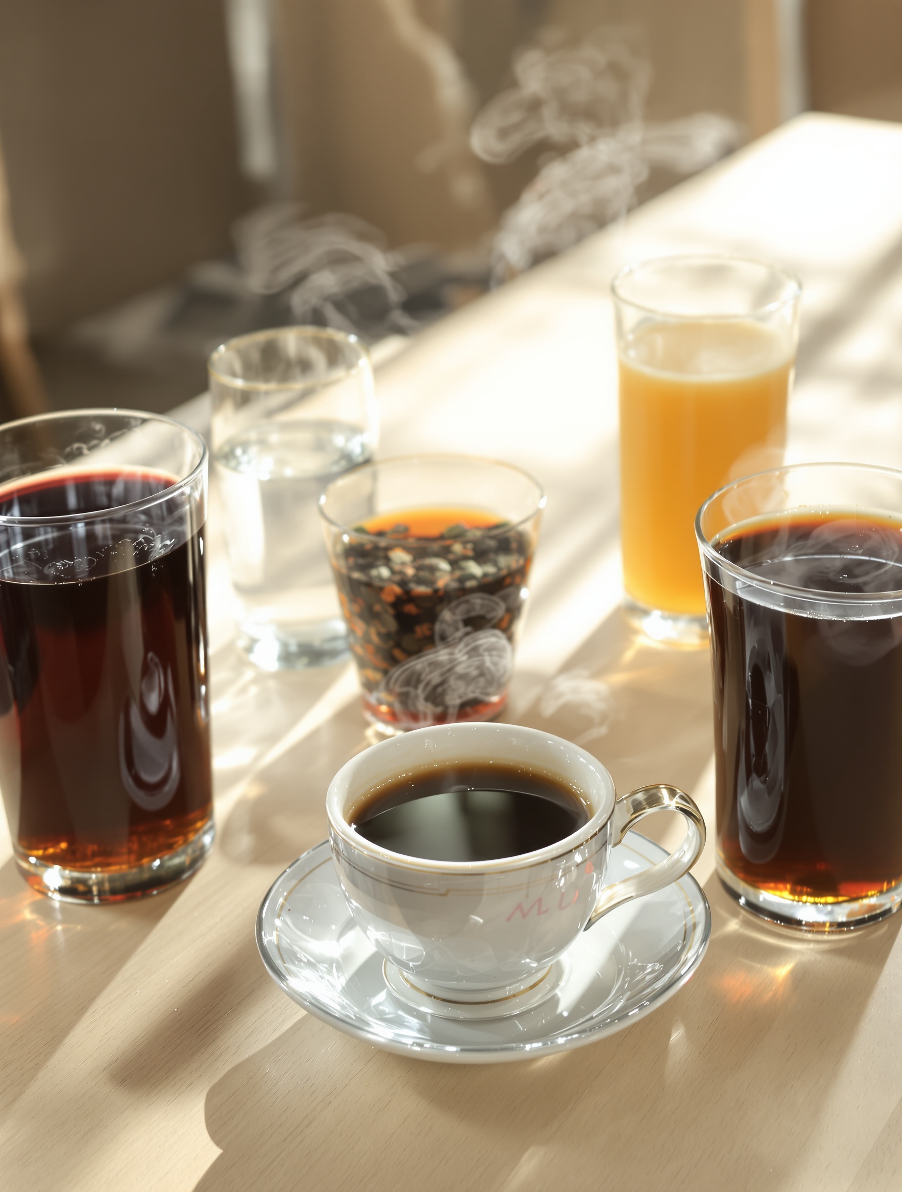 Eau, jus de pruneau, tisane de boldo, café, kéfir sur une table lumineuse, ambiance naturelle et saine