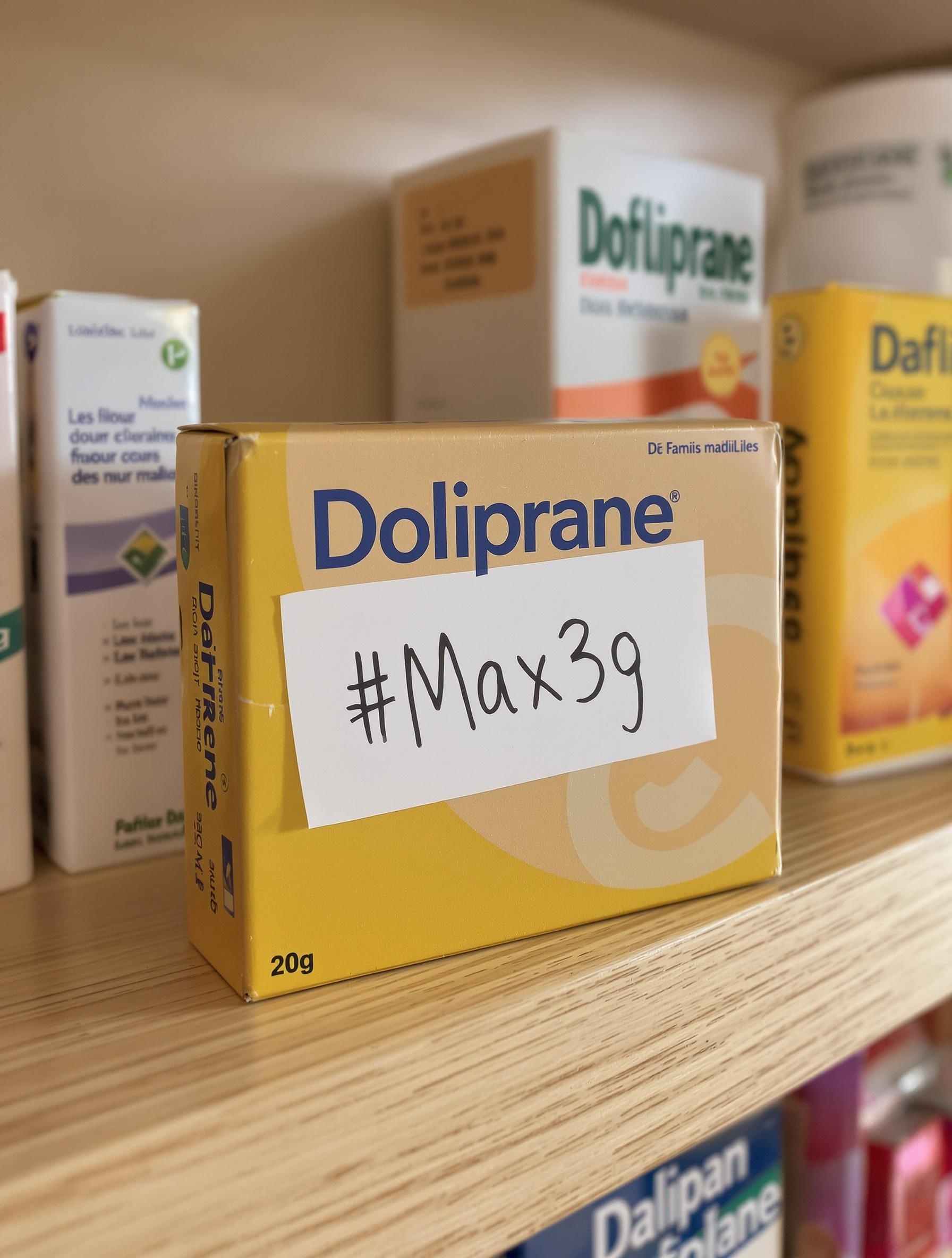 Boîte de Doliprane avec étiquette #Max3g pour rappeler la dose maximale journalière