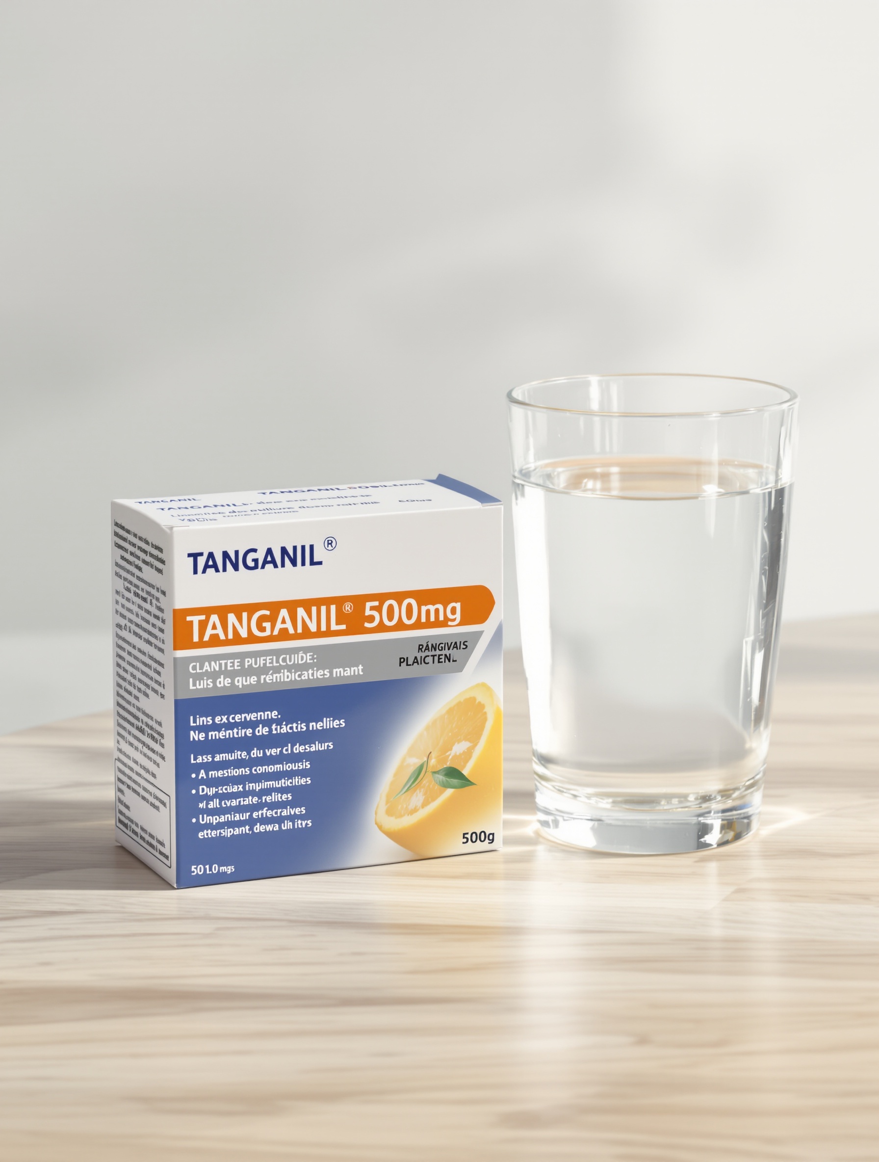 Boîte de TANGANIL 500mg et verre d'eau sur table en bois clair, ambiance apaisante.