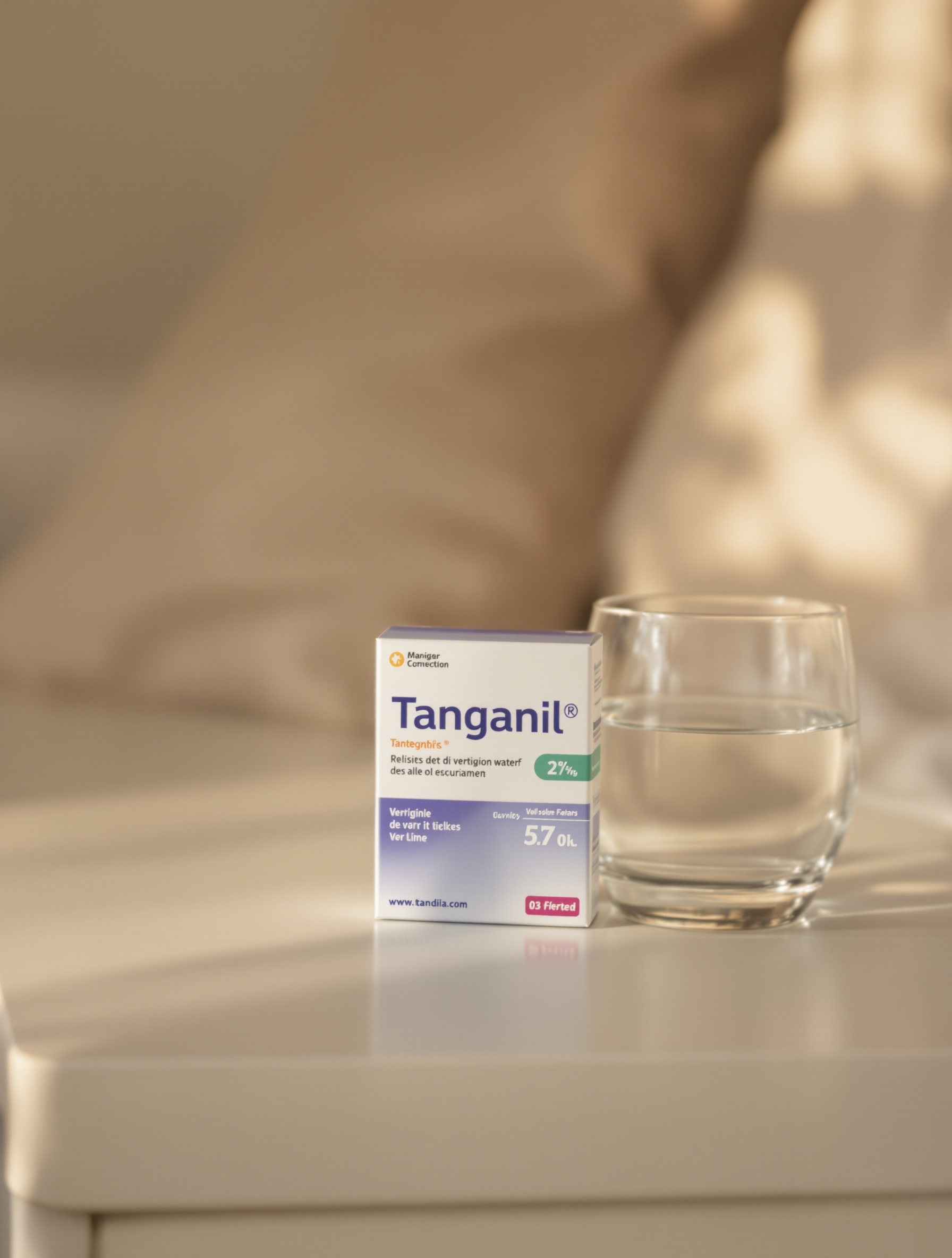 Boîte de Tanganil posée à côté d'un verre d'eau sur une table de chevet, lumière douce.