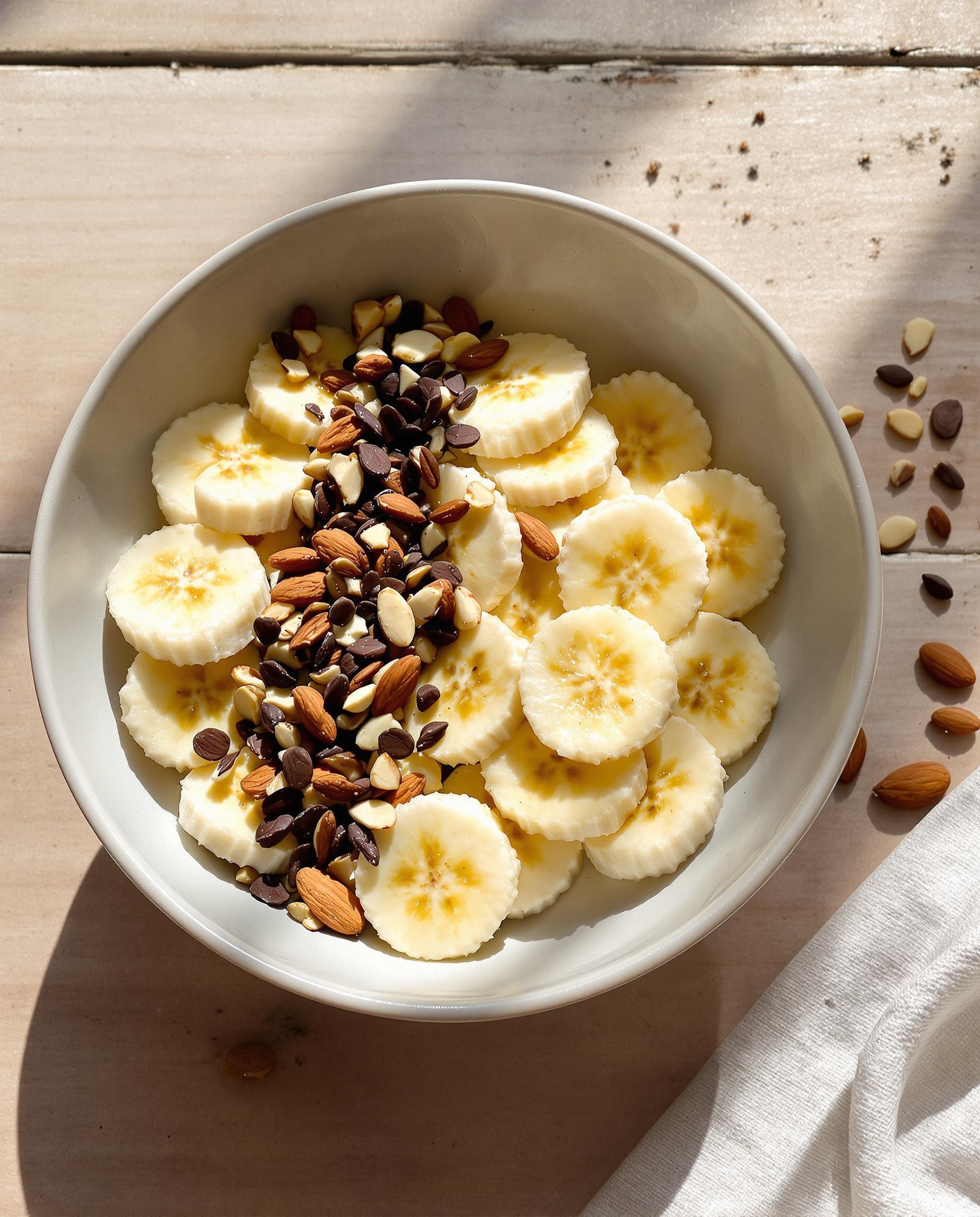 Bol contenant des morceaux de banane, des éclats de cacao cru et des amandes sur une table en bois.