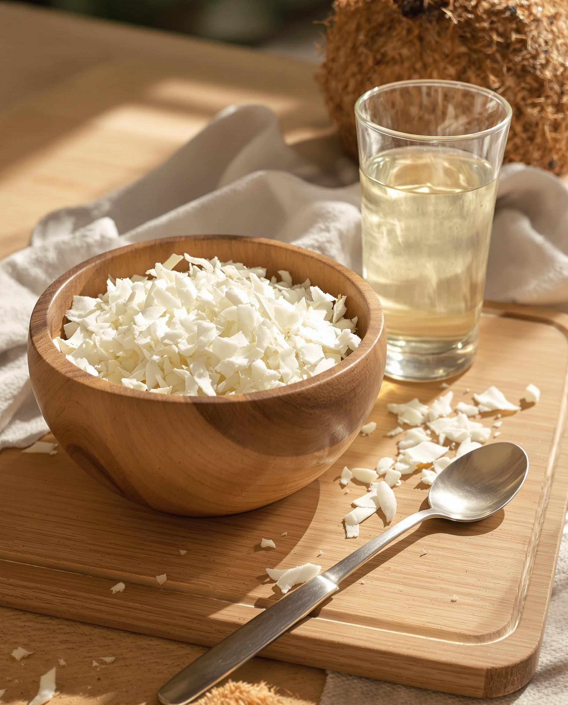 Bol copeaux de noix de coco avec cuillère et verre d'eau sur plan naturel.