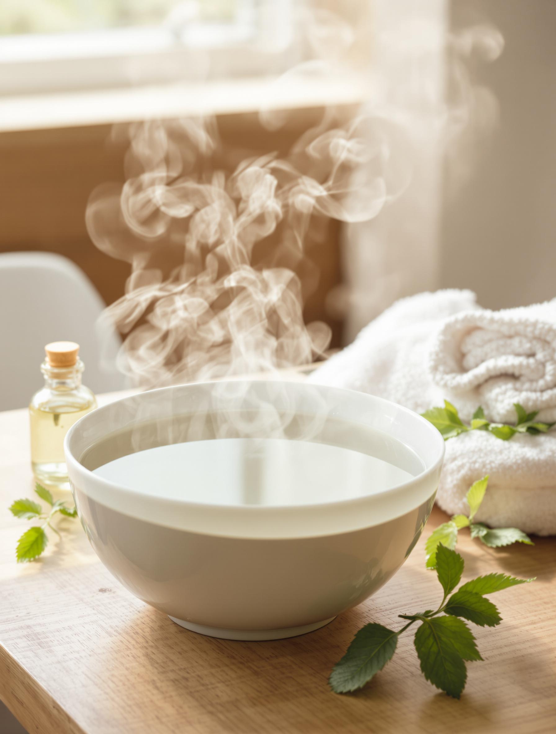 Bol d'eau chaude avec huile essentielle d'eucalyptus pour une inhalation maison