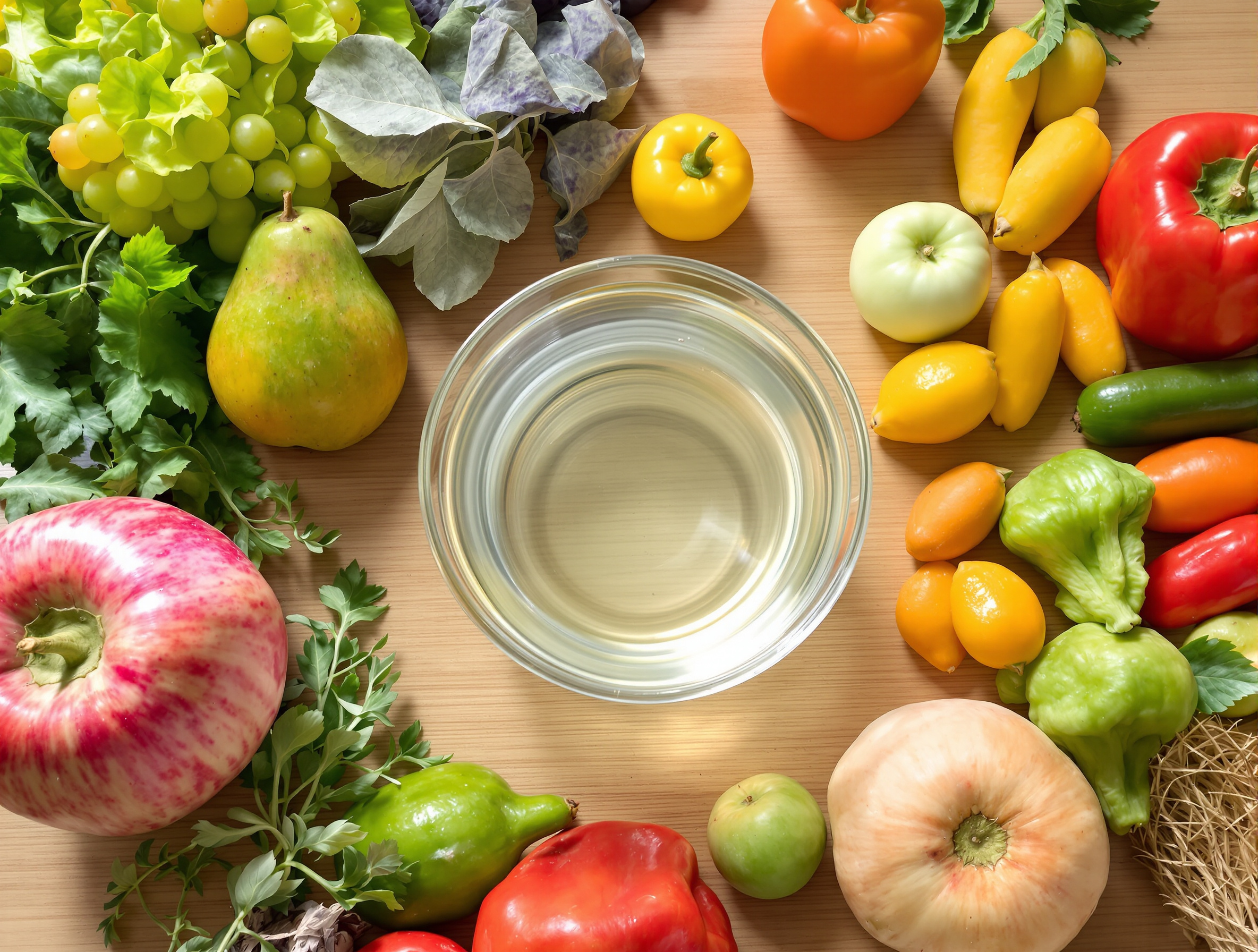 Bol d’eau fraîche et aliments bruts naturels sur table en bois