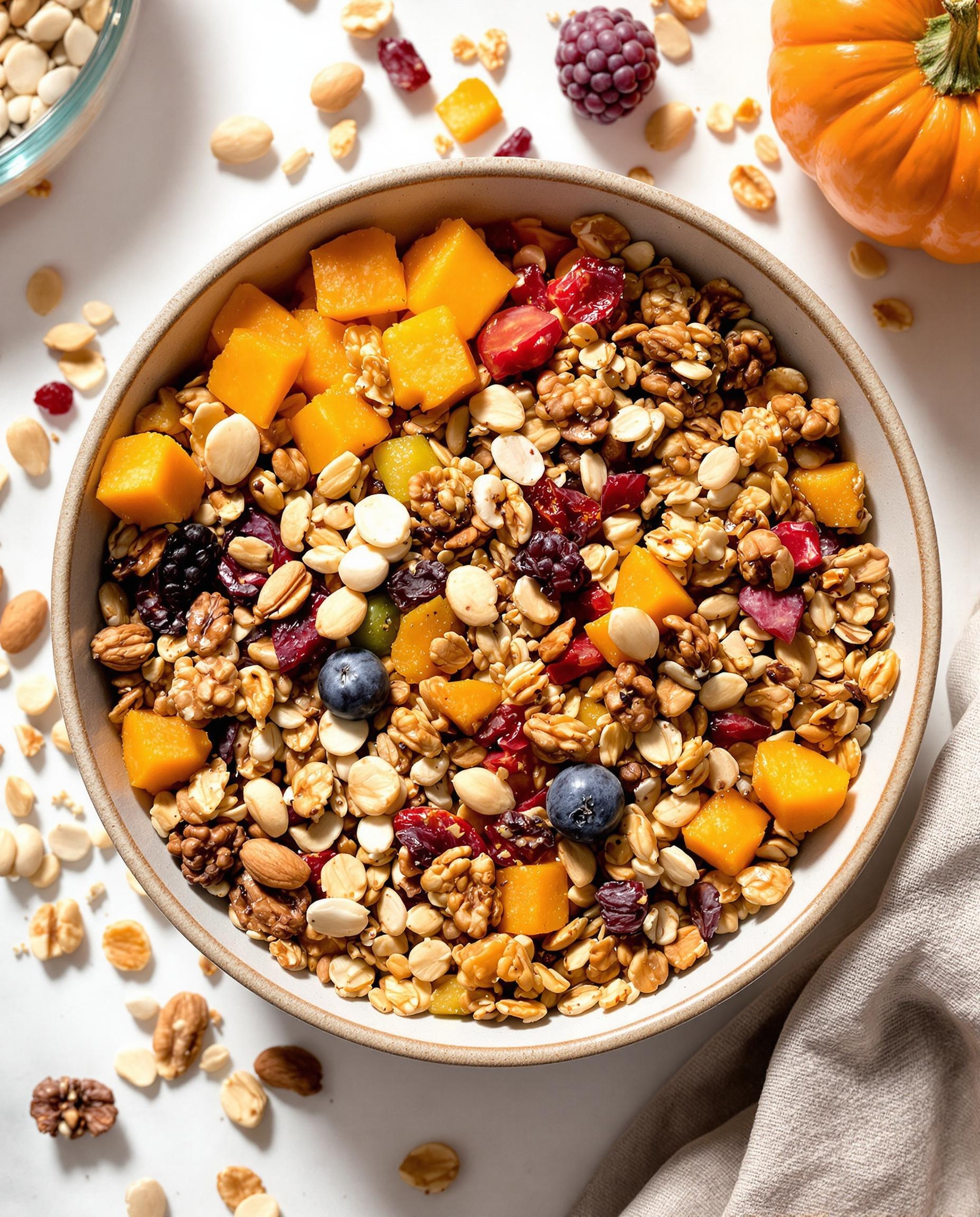 Bol de granola maison coloré avec flocons d'avoine, oléagineux et graines