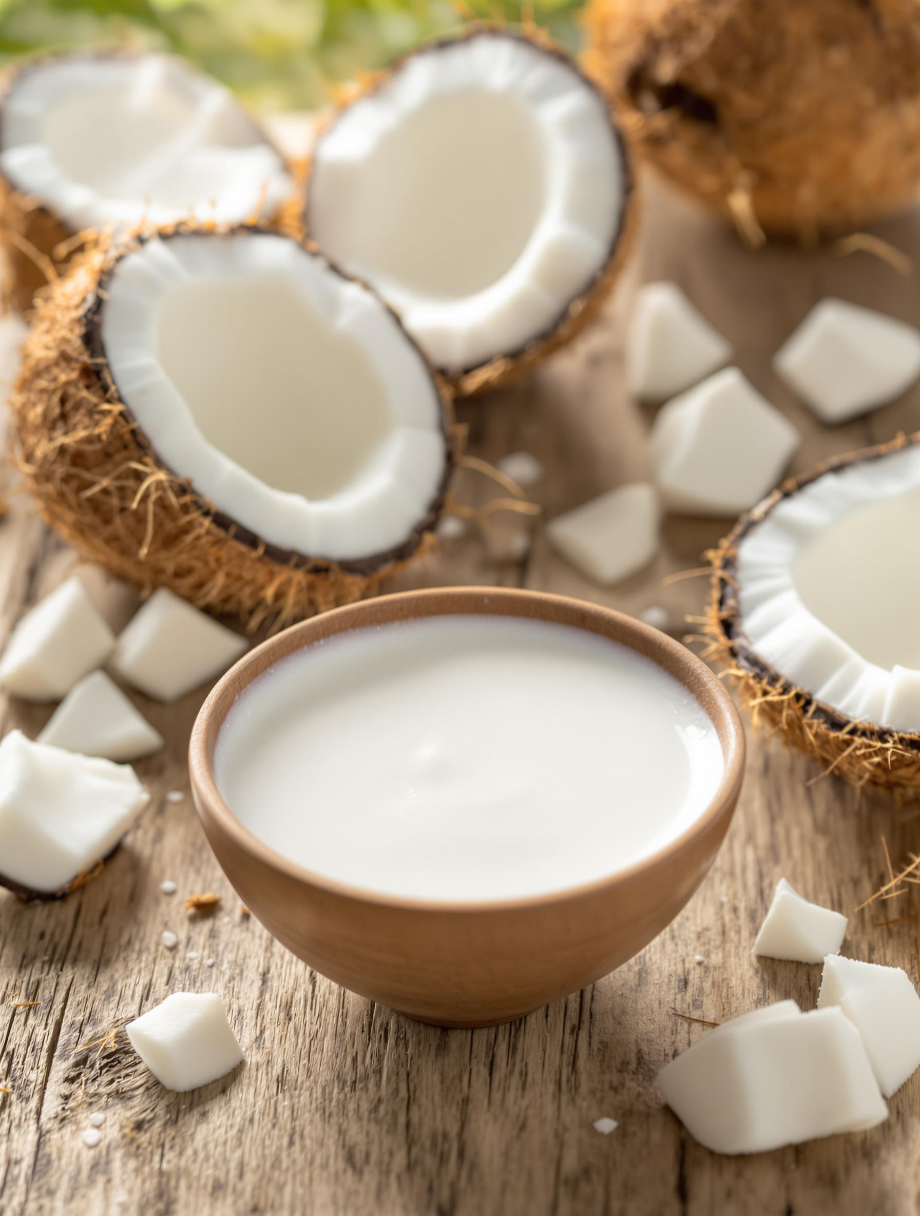 Bol de lait de coco crémeux avec morceaux de noix de coco fraîche.