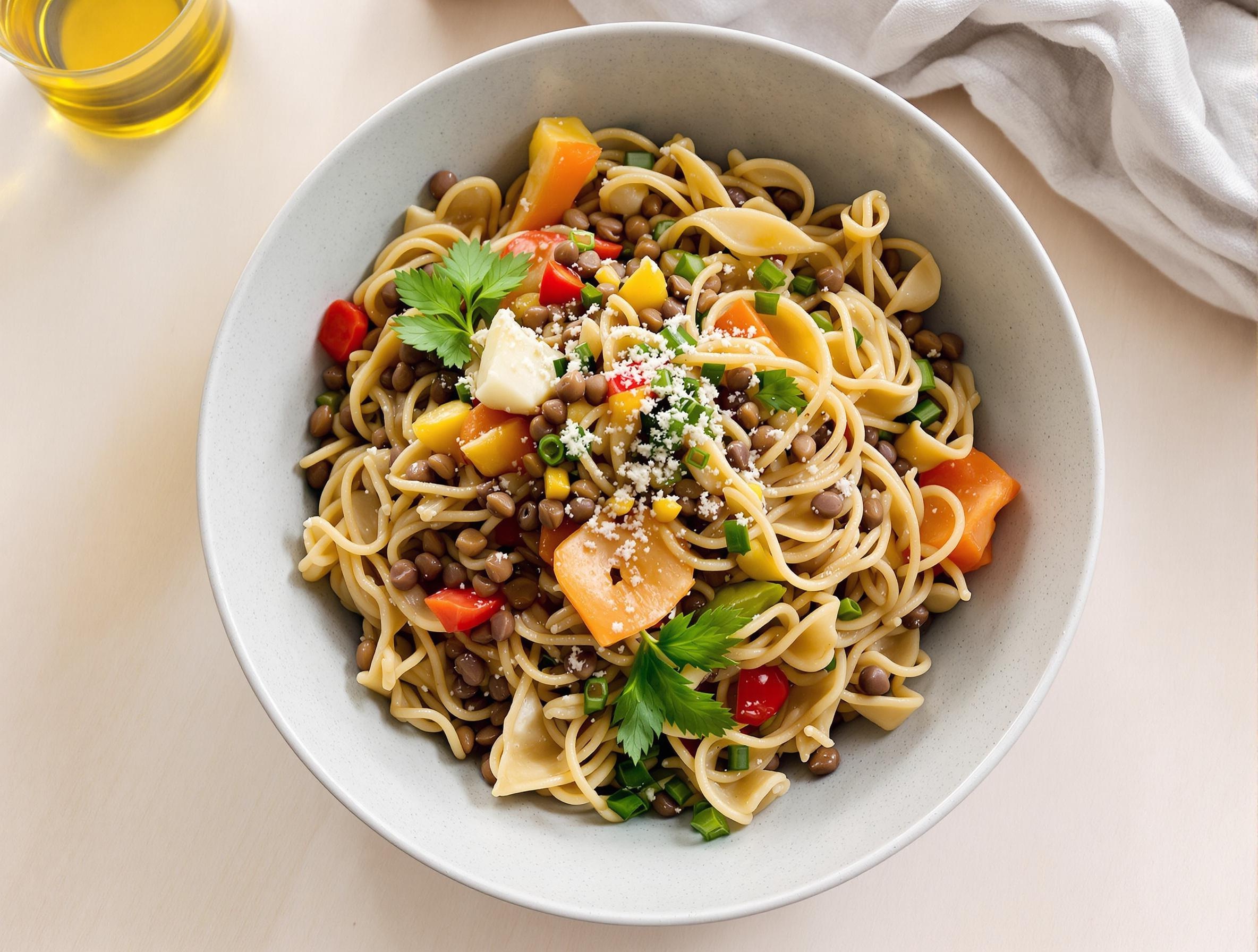 Bol de pâtes complètes avec lentilles, légumes colorés et filet d'huile d'olive.
