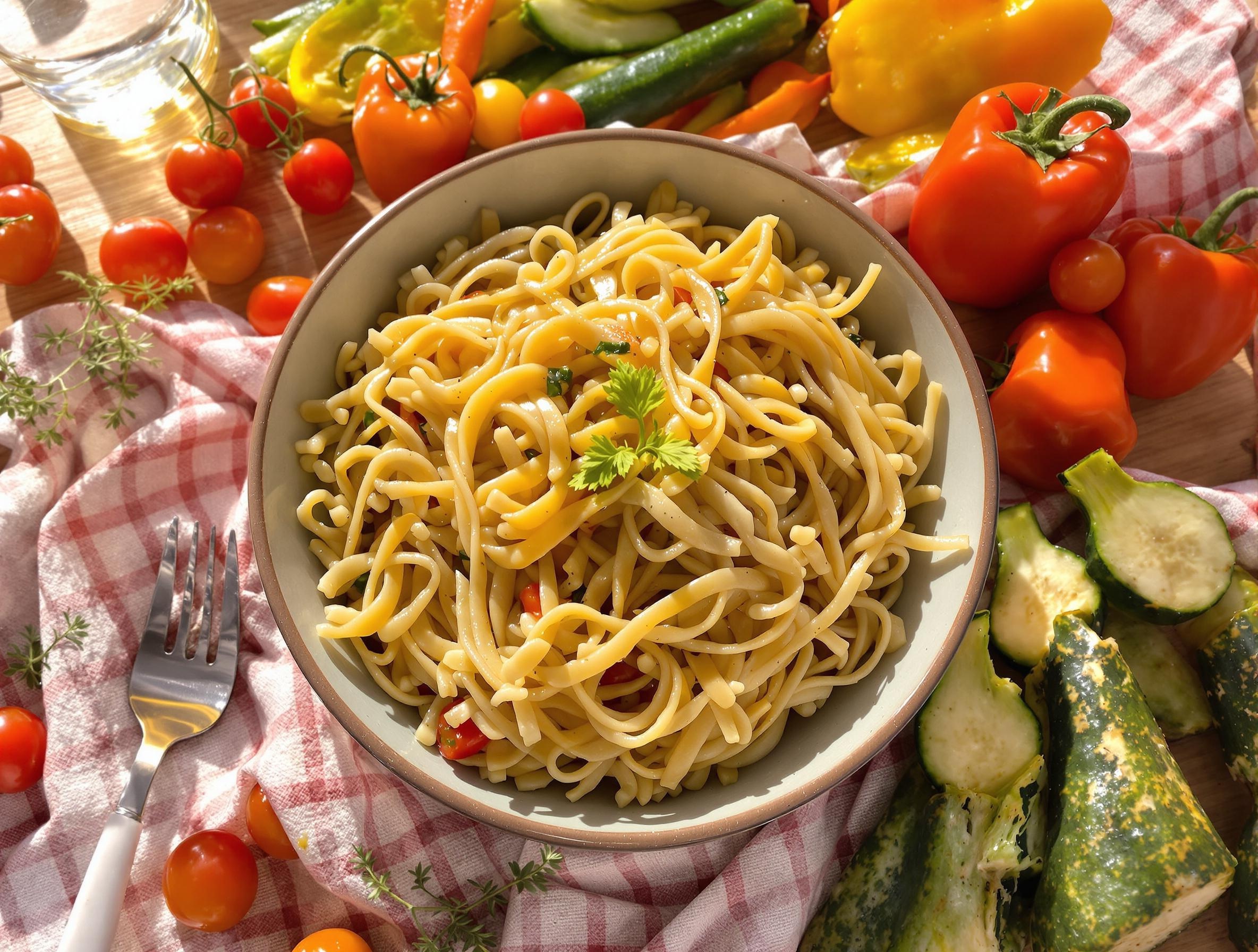 Bol de pâtes complètes cuites al dente avec filet d'huile d'olive extra-vierge et légumes croquants.