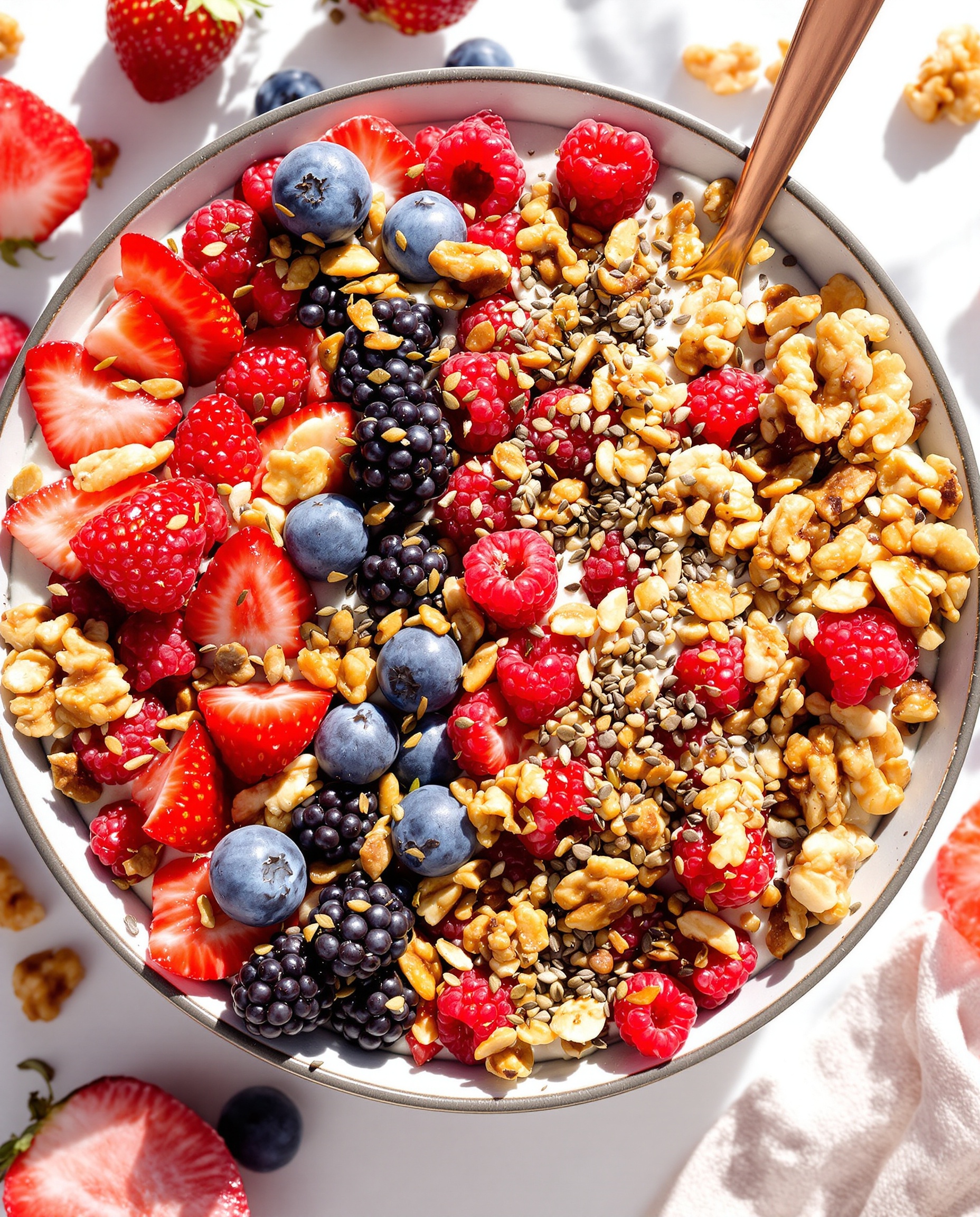 Bol appétissant de porridge coloré avec fruits rouges et noix