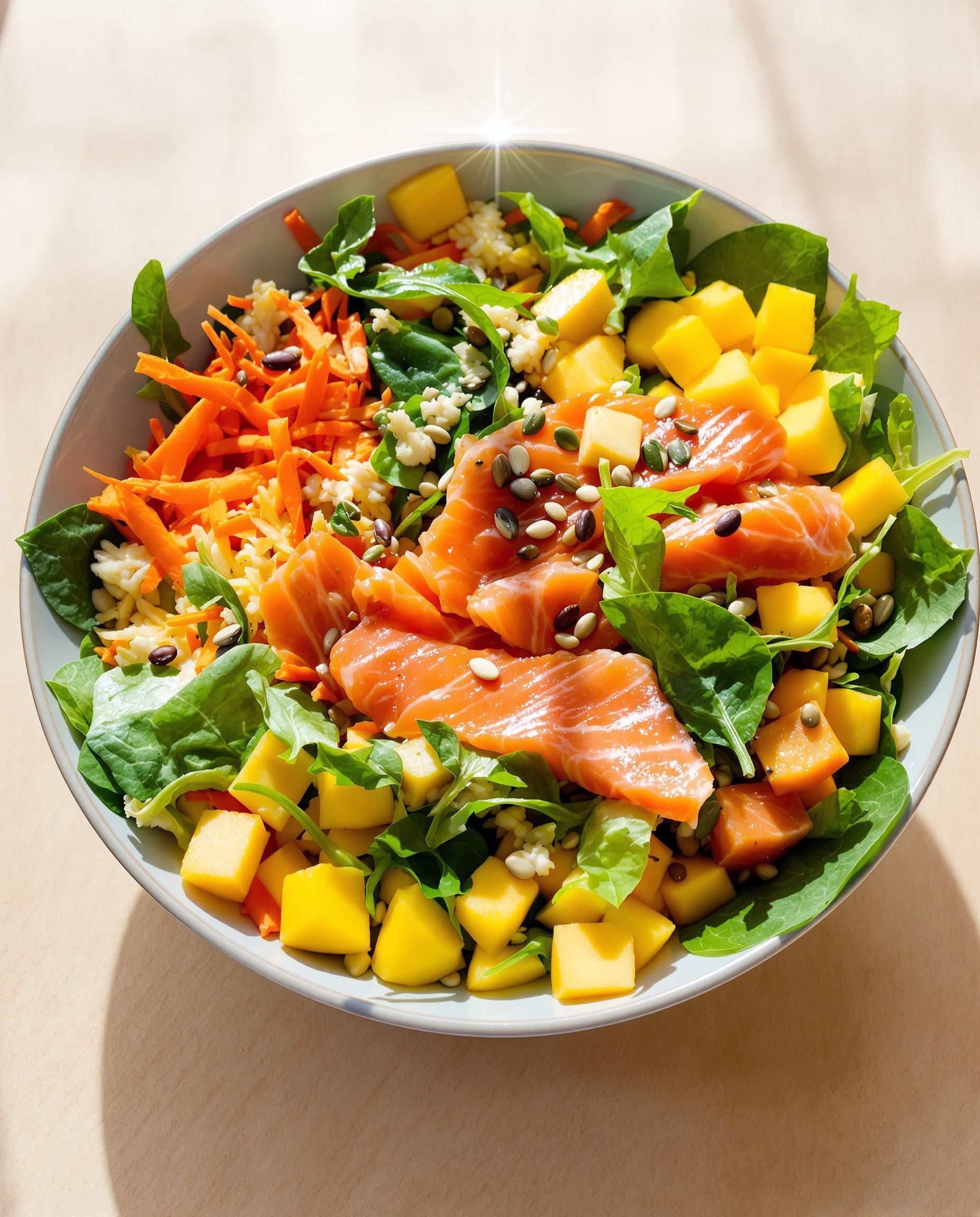 Bol coloré de salade riche en épinards, carottes râpées, saumon fumé, dés de mangue – reflet lumineux sur assiette pour évoquer vision nette après chirurgie.