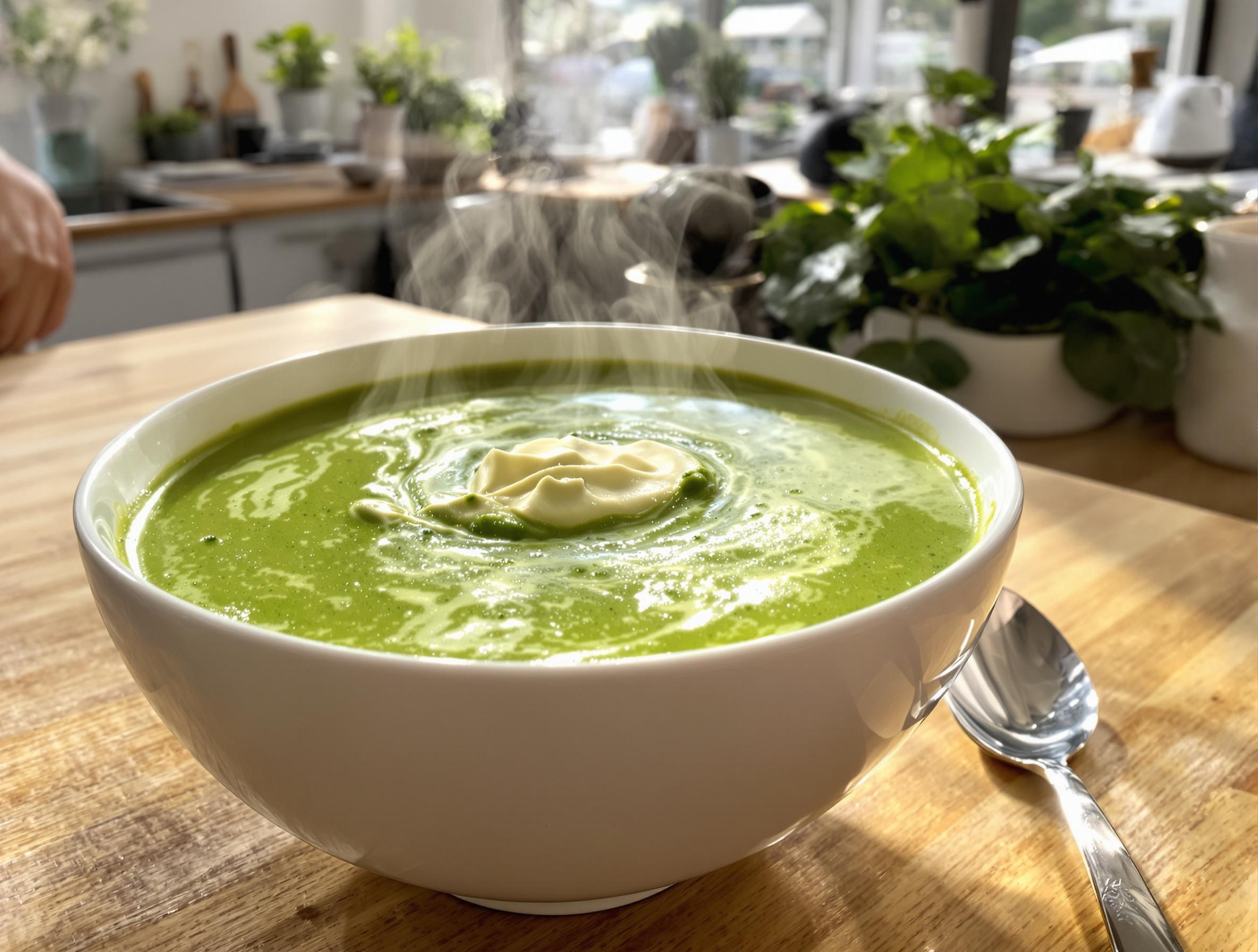 Bol de smoothie tiède à base d’avocat et épinards, vapeur visible, dans une cuisine lumineuse de Lausanne