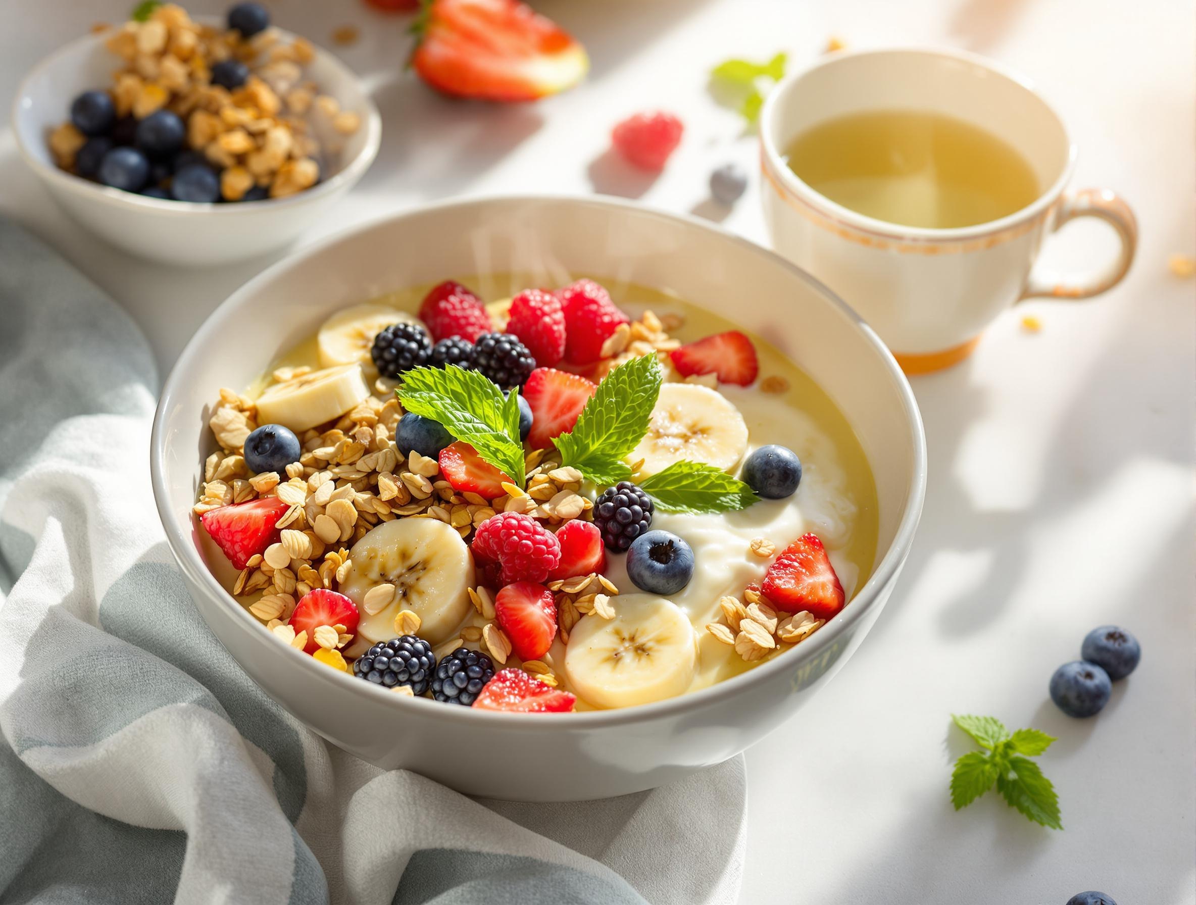 Bol de yaourt végétal et fruits frais avec granola maison