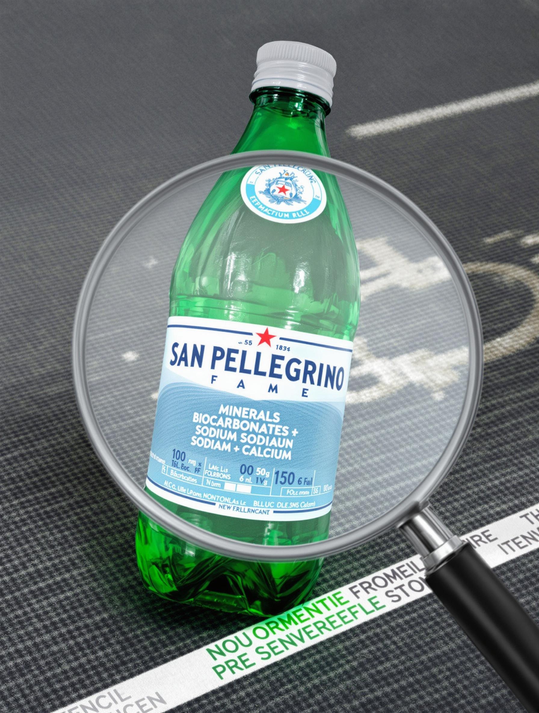 Étiquette de San Pellegrino montrant bicarbonates, sodium et calcium sur un tapis de sport.