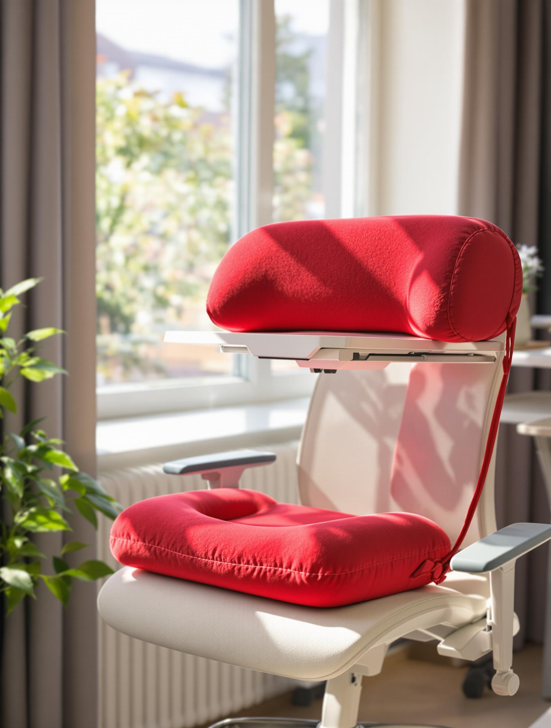 Photo d'un coussin en U rouge et d'un bureau ergonomique assis-debout