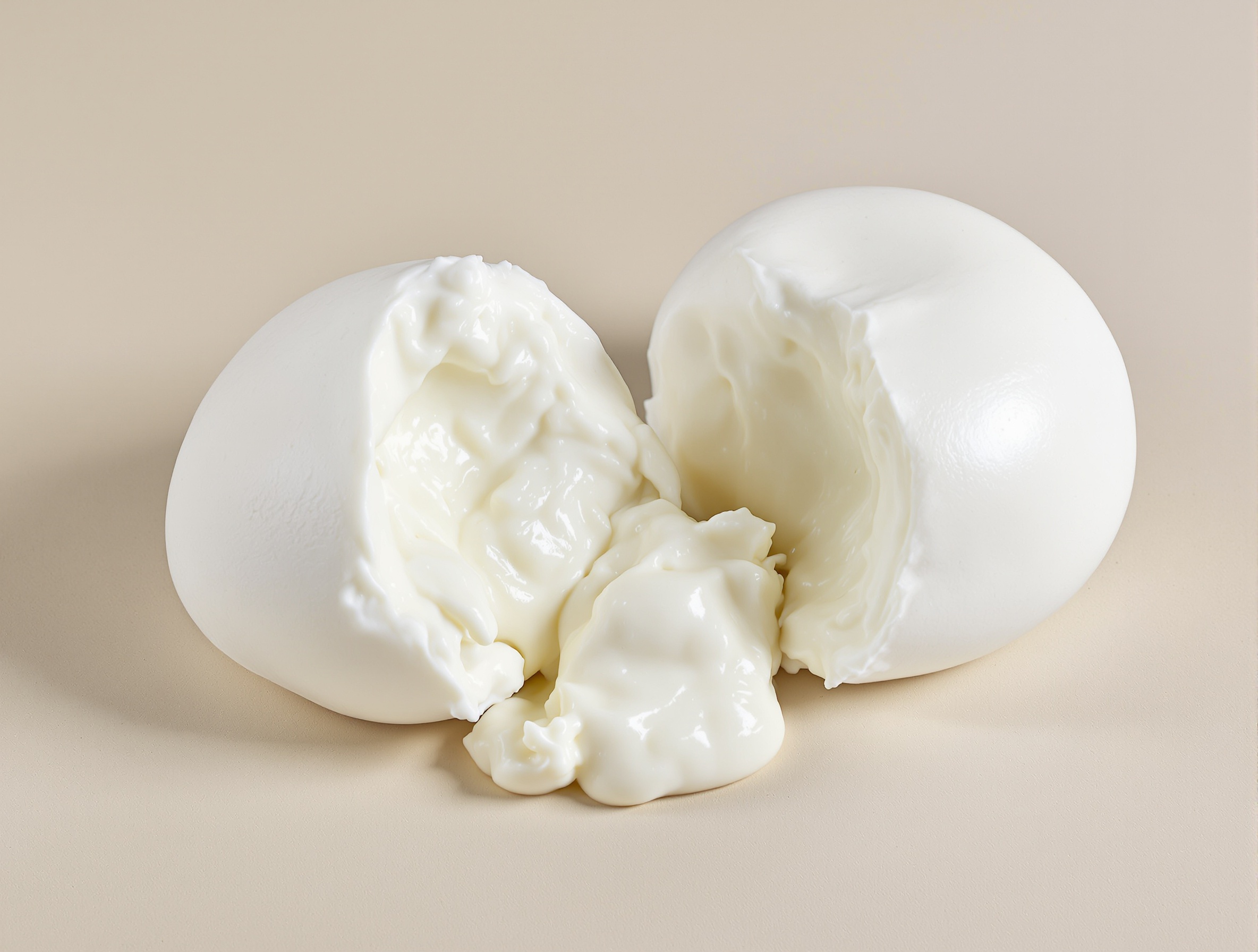 Burrata coupée en deux et boule de mozzarella classique sur fond neutre