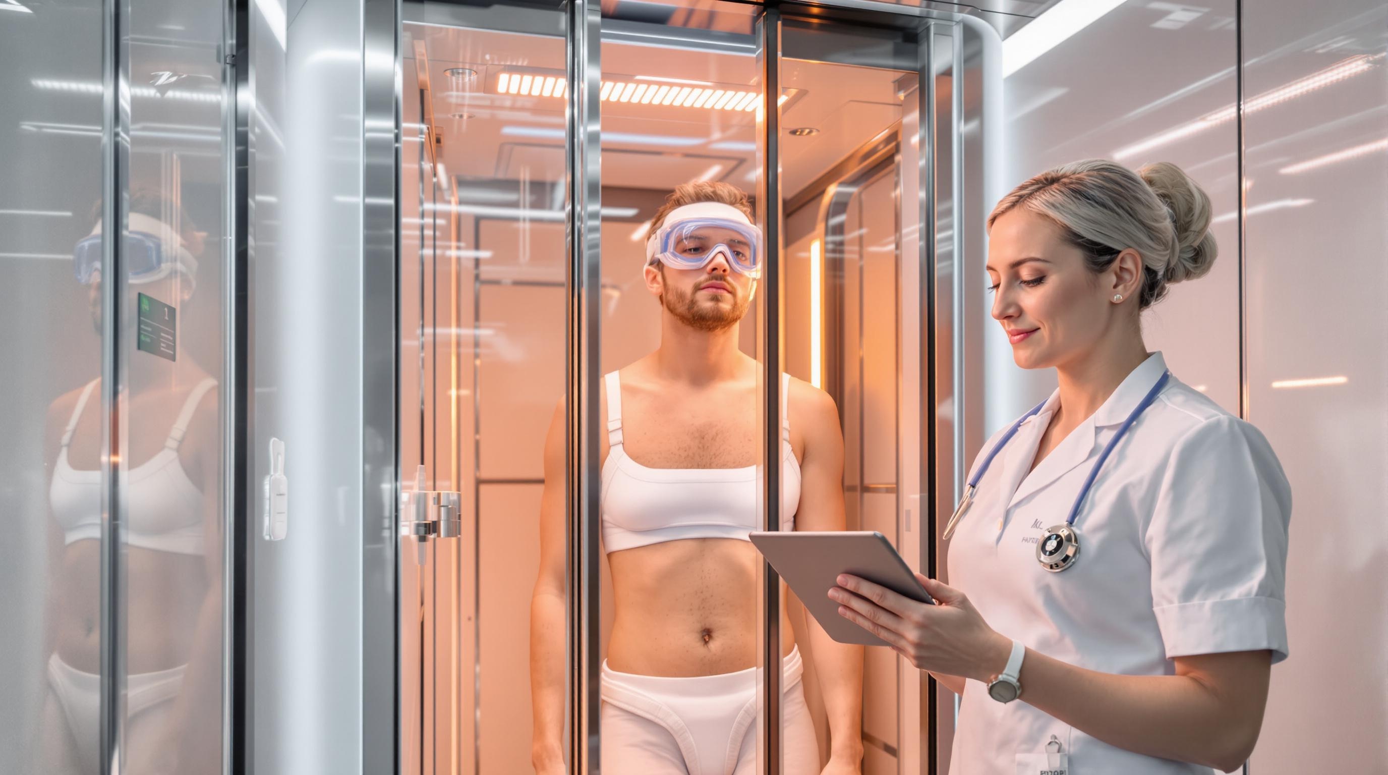 Séance de photothérapie en cabine UVB médicalisée avec un patient équipé de goggles et d'une protection adaptée