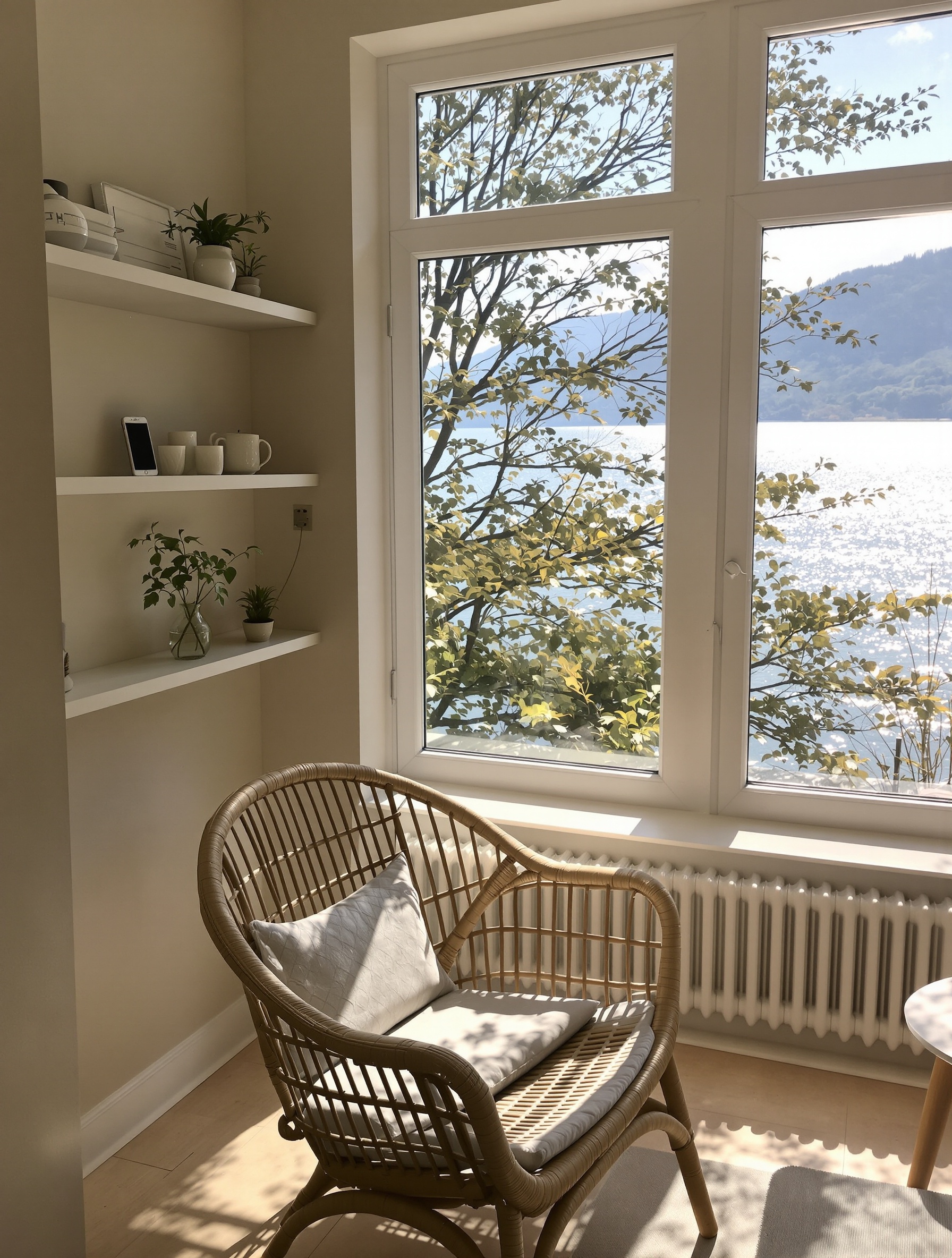 Un cabinet de naturopathe à Lausanne, vue paisible sur le lac, fauteuil en rotin vide avec téléphone posé loin sur l'étagère. Atmosphère de calme et simplicité.