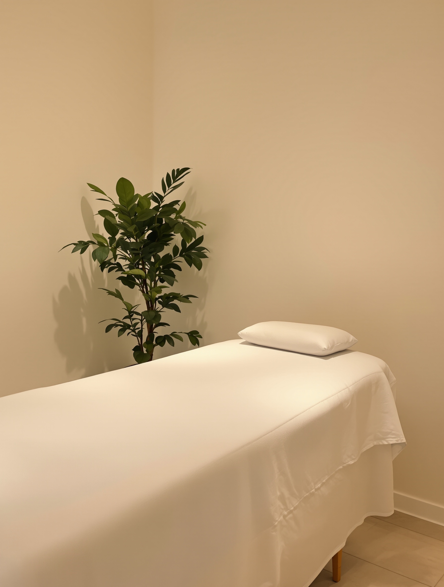 Cabinet apaisant sobre professionnel table massage plante verte lumière tamisée