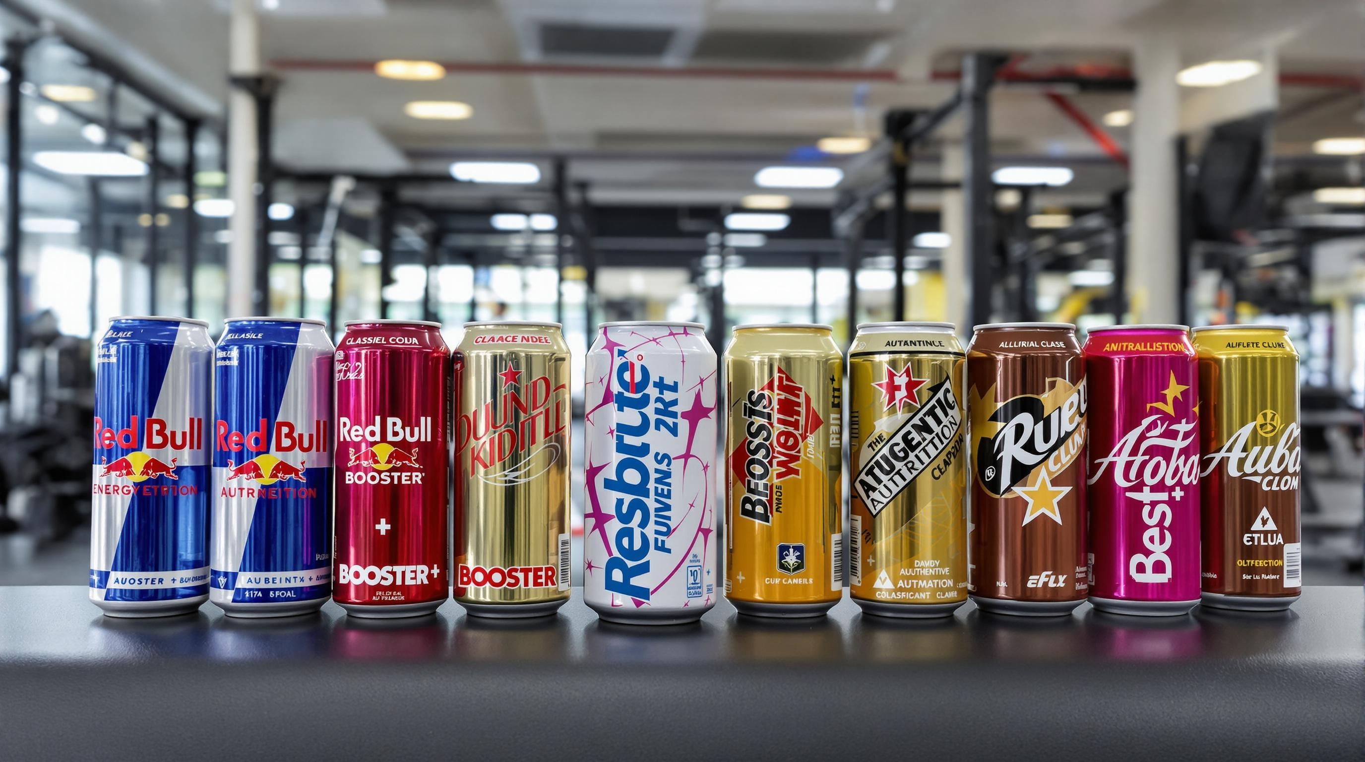 Alignement de canettes de boissons énergisantes sur un banc, illustrant le marketing sportif.