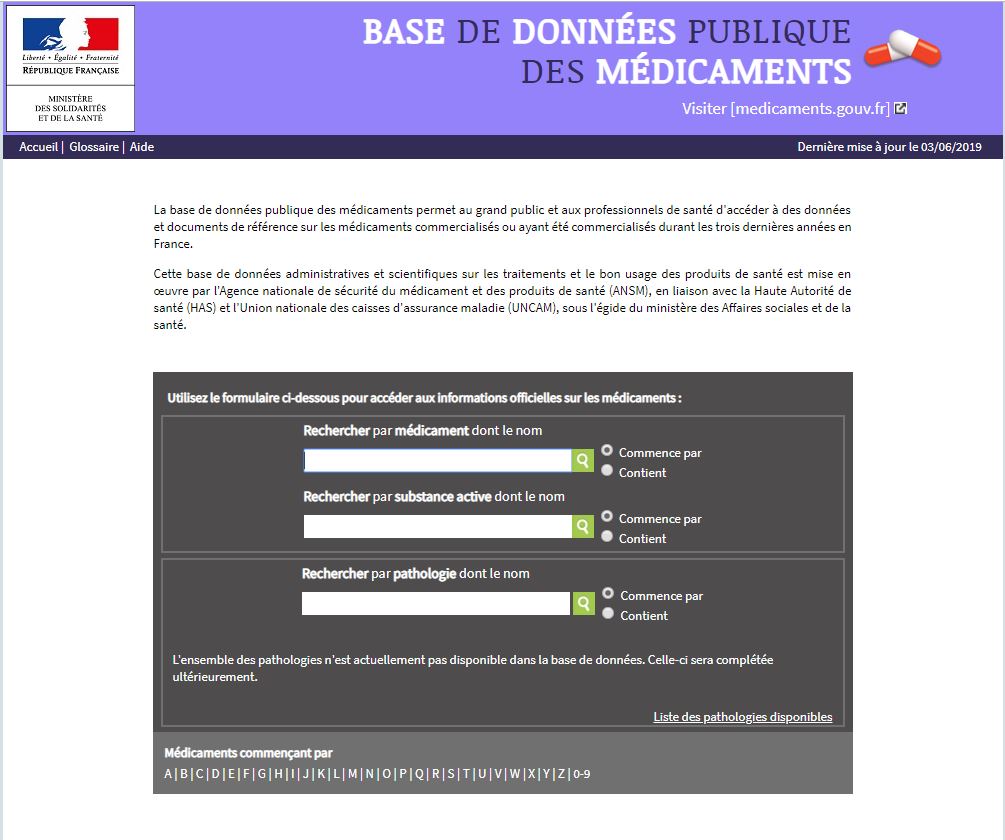 Capture d'écran de la page d'accueil du site officiel de la Base de données publique des médicaments, une ressource fiable pour vérifier les informations sur un traitement prescrit en France.