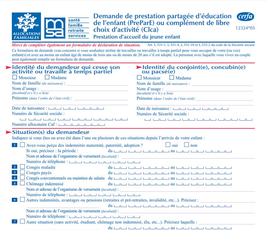 Formulaire Cerfa 12324*06 demande PreParE travailleur indépendant