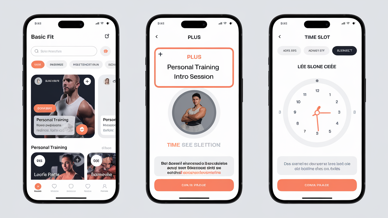 Navigation dans l’application Basic Fit pour réserver un Personal Training Intro