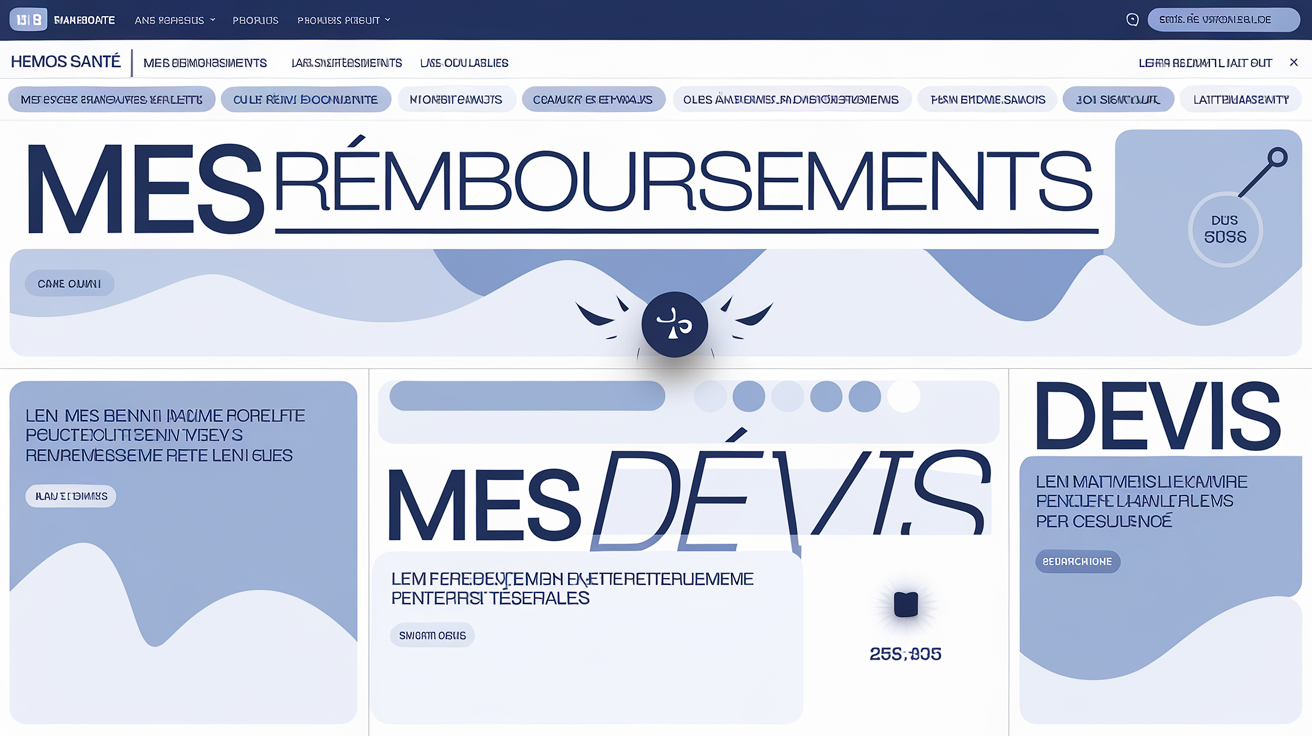 Interface de l'espace assuré Hemos Santé avec les sections 'Mes remboursements' et 'Mes devis'.