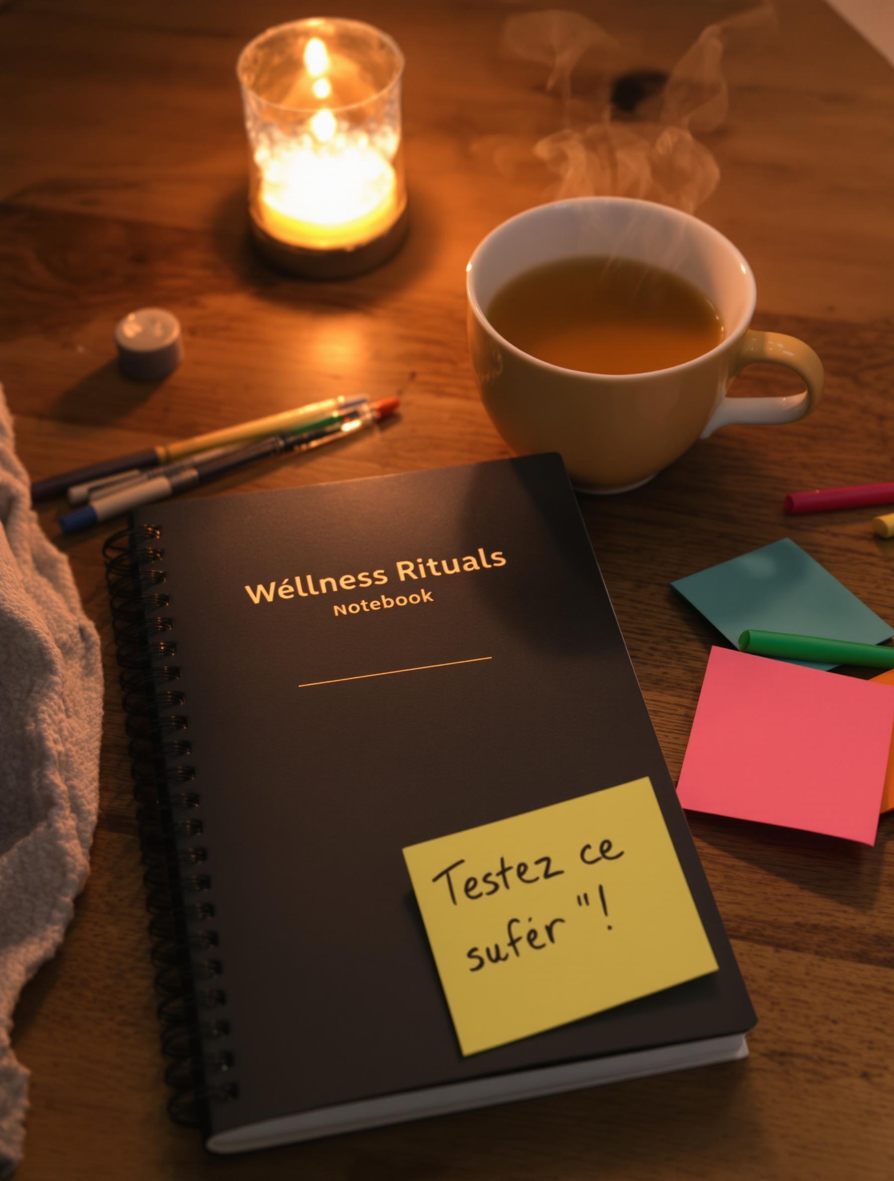 Carnet de rituels bien-être posé sur une table avec une infusion et des post-it