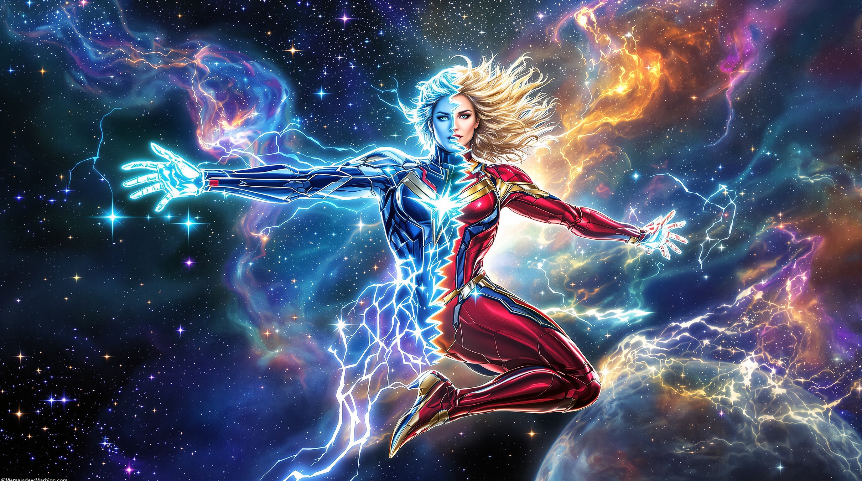 Carol Danvers flottant entre son passé Kree et sa mémoire terrestre.