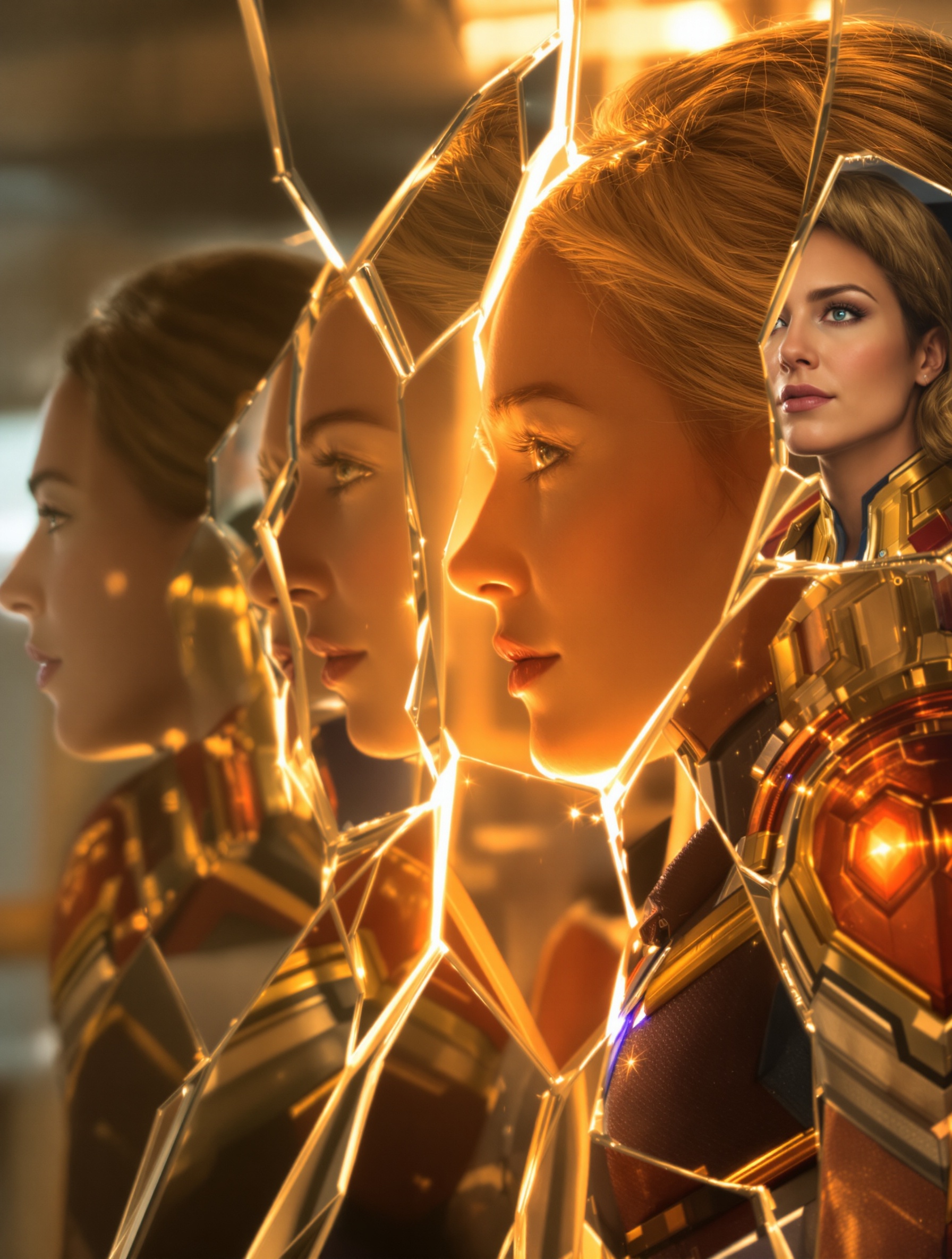 Carol Danvers face à ses reflets, fragmentée entre pilote, héroïne et civil.