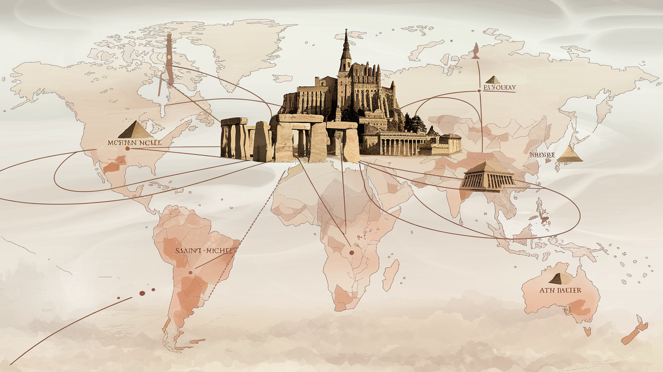 Carte stylisée alignements de sites anciens évoquant lignes de Ley