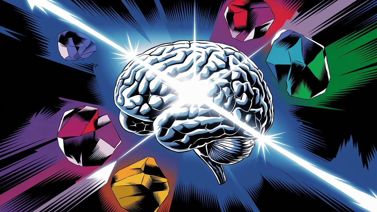 cerveau galactique traversé par une lumière blanche, symbolisant la méta-conscience
