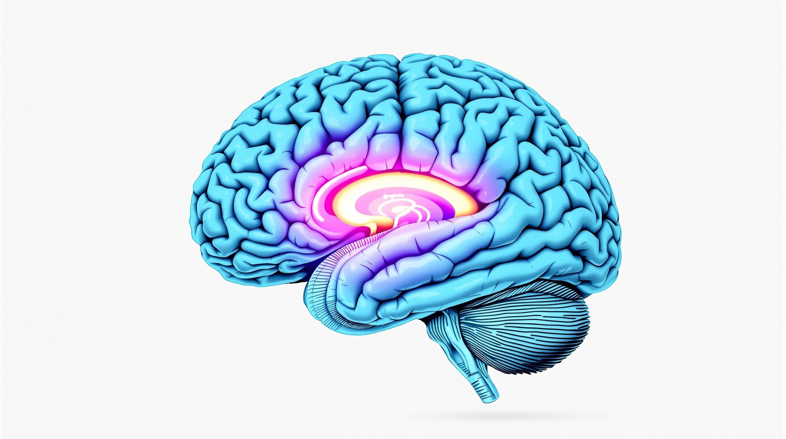 Cerveau sectionné, zones mémoire et attention en surbrillance, couleurs froides