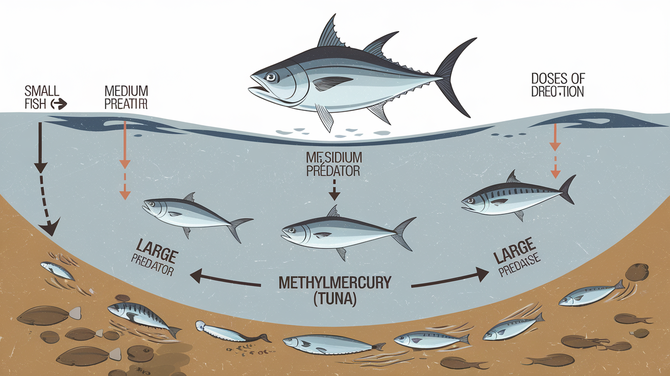 Schéma illustrant la chaîne trophique et l'accumulation de méthylmercure dans le thon