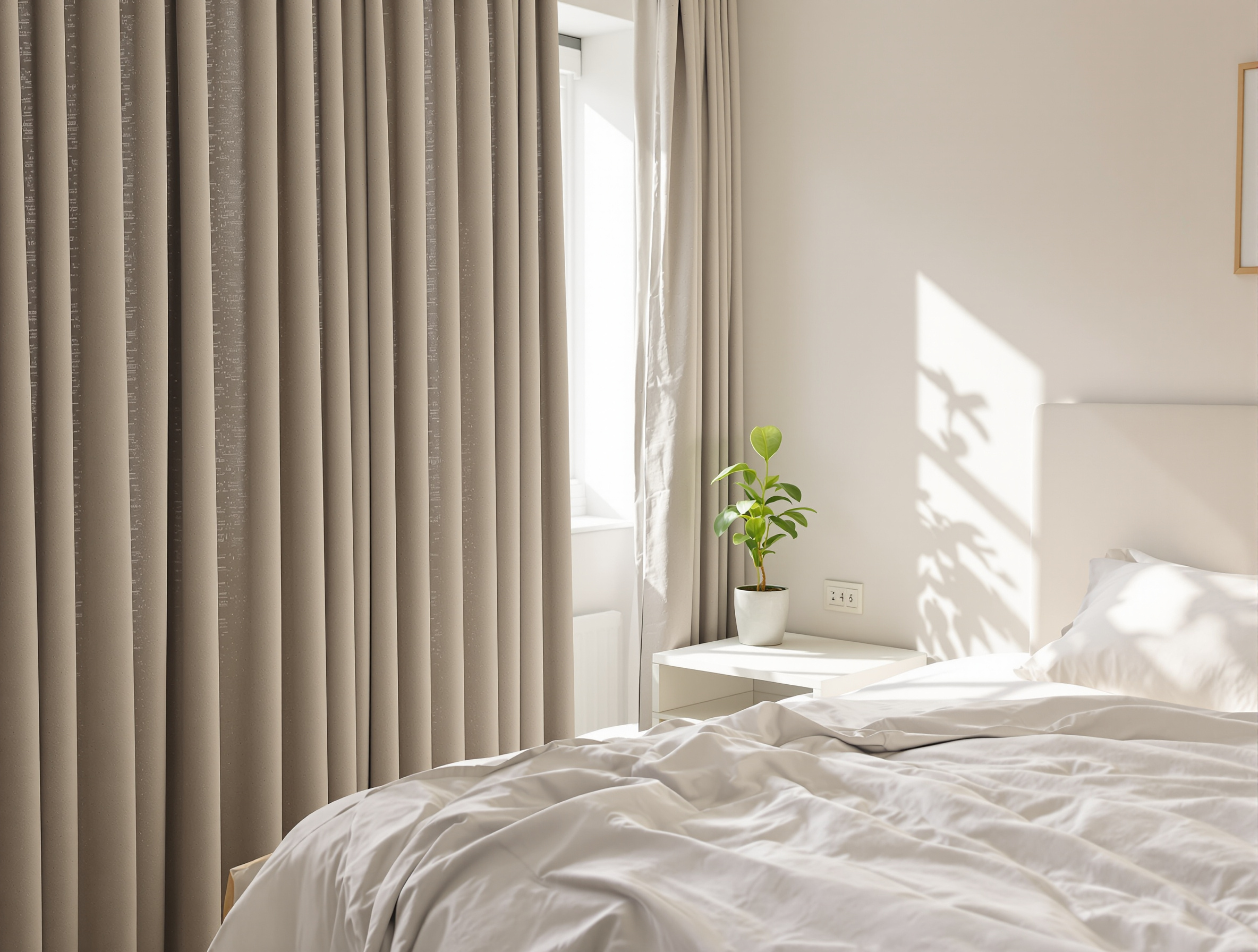 Chambre à coucher apaisante, rangée, rideaux occultants, petite plante verte sur la table de chevet—un sanctuaire du sommeil