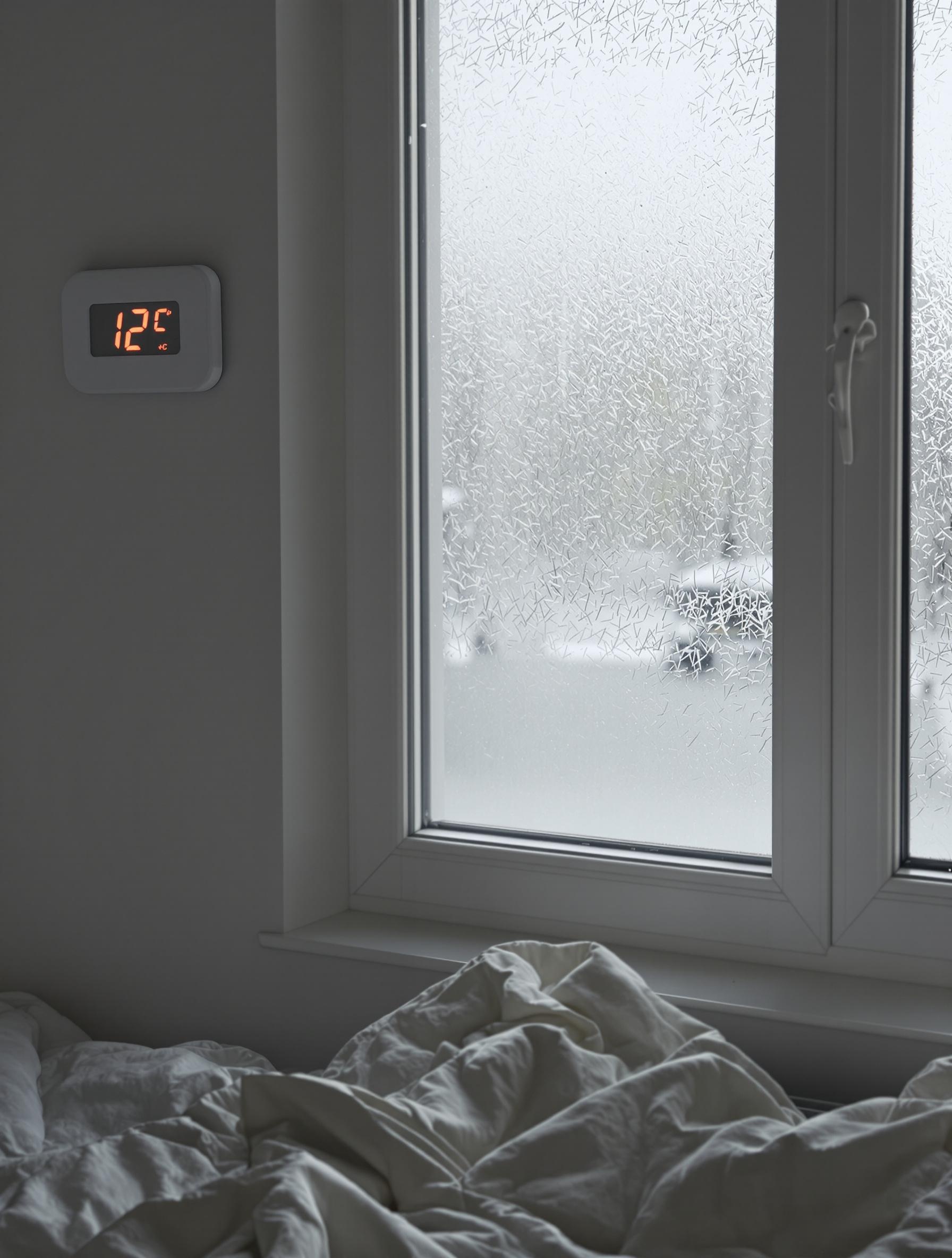 Chambre à coucher mal chauffée avec un thermomètre affichant 12°C et du givre sur la fenêtre