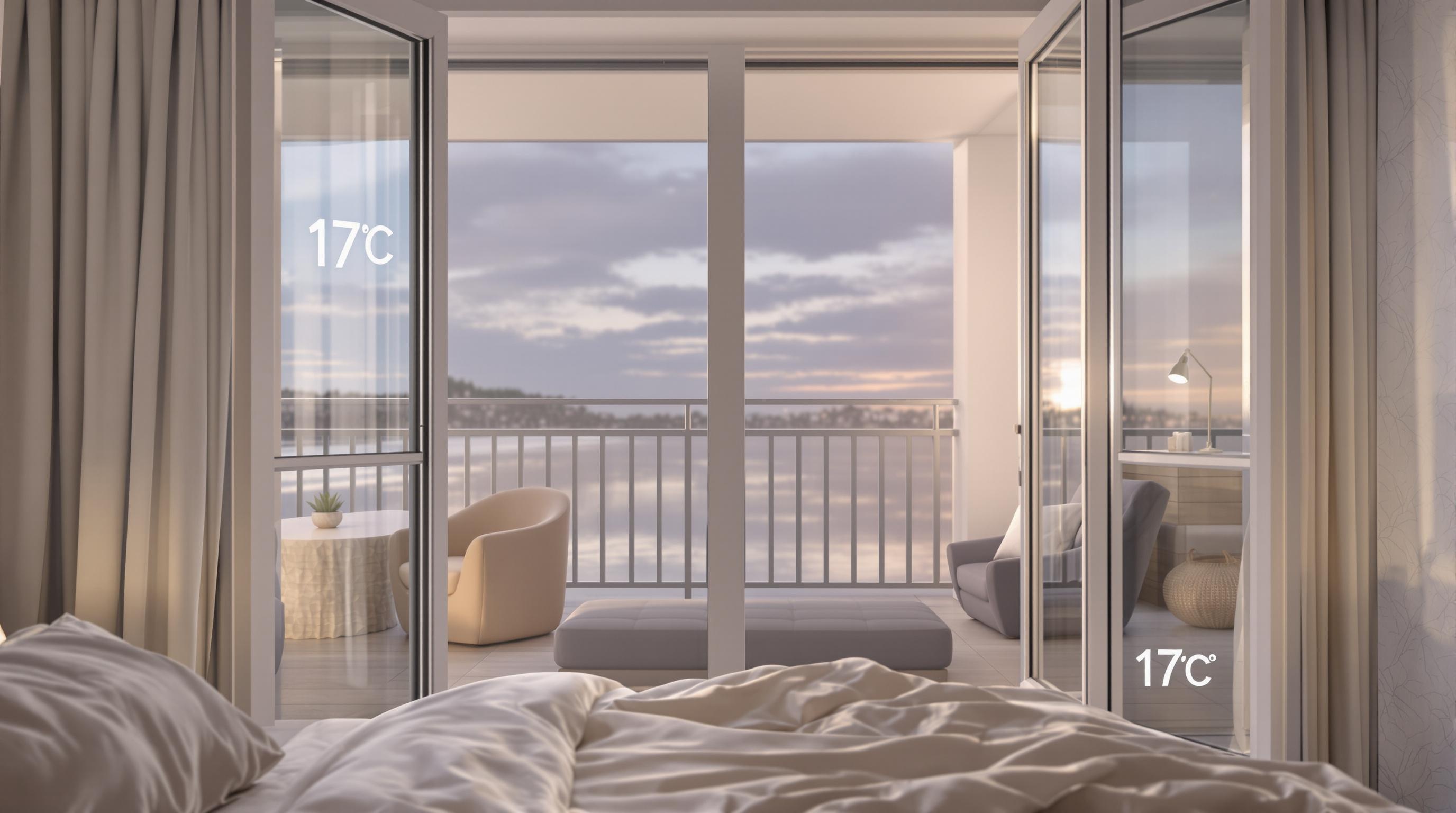 Chambre ouverte sur un balcon au crépuscule avec une lumière douce et un thermomètre affichant 17°C