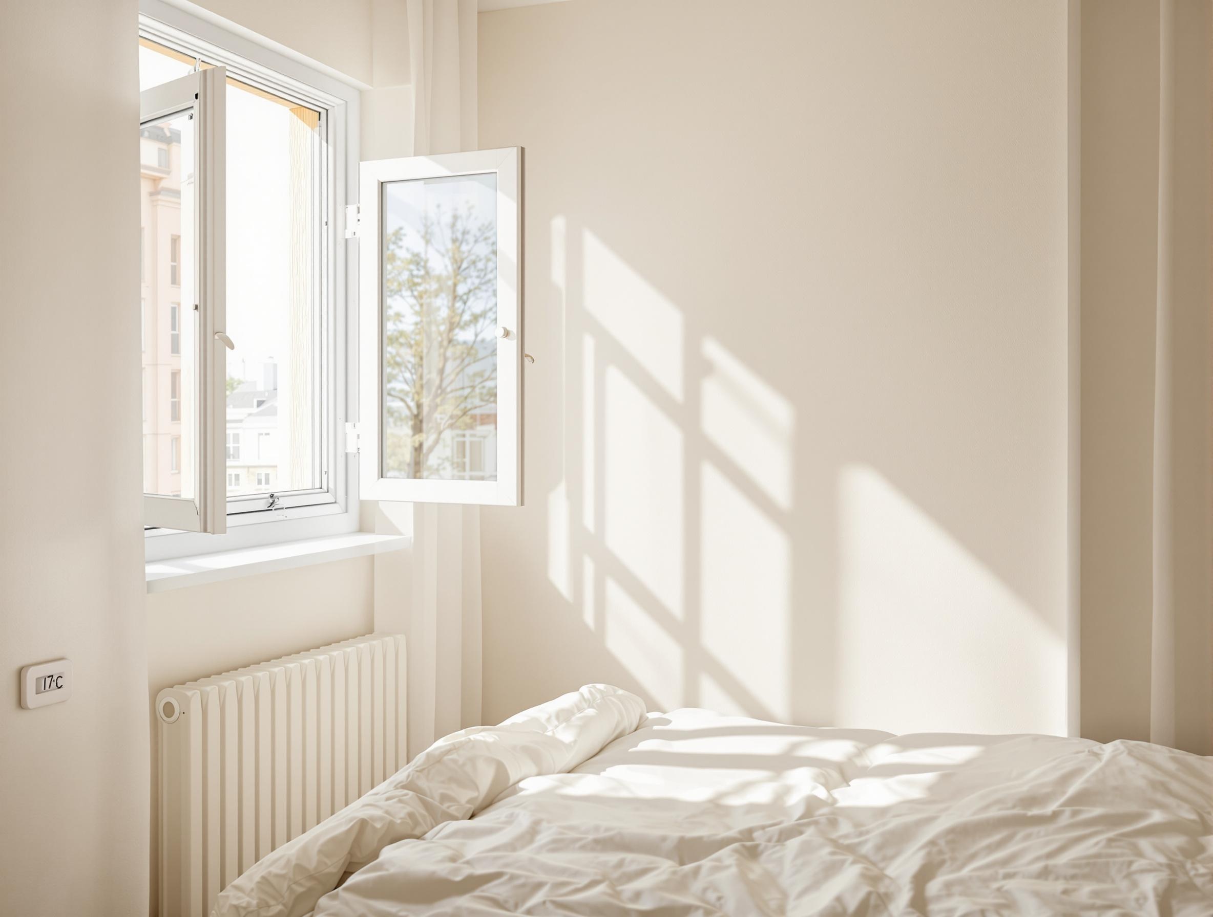 Chambre à coucher moderne avec une ambiance fraîche et un thermomètre affichant 17°C