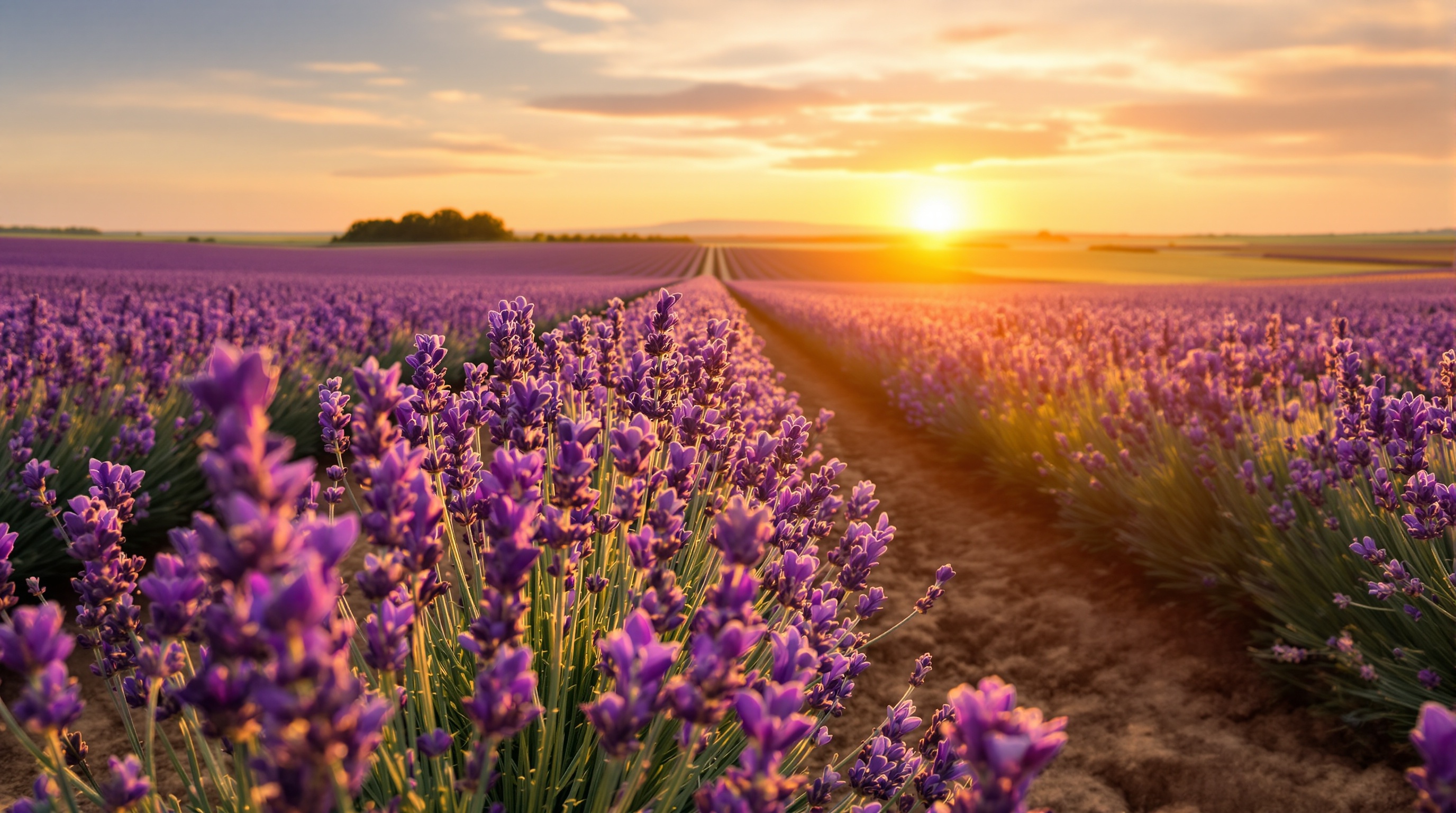 Plantes de Lavande fine en fleurs dans un champ au soleil couchant, évoquant la sérénité et la détente.