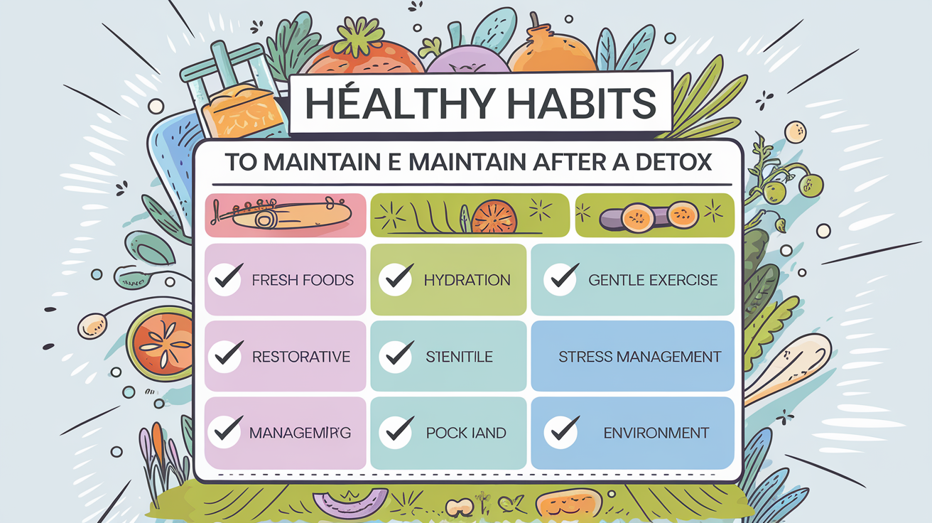 Checklist illustrée des habitudes post-détox : alimentation fraîche, hydratation, sport doux
