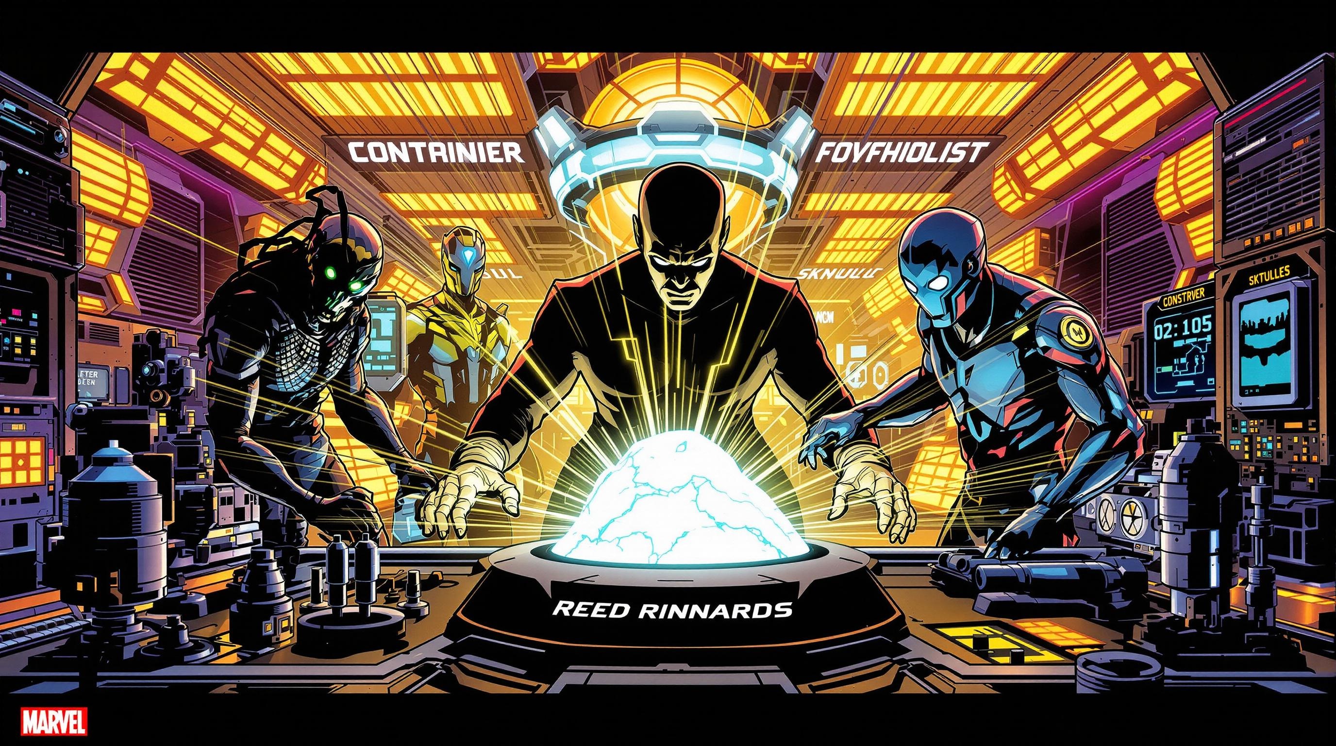 Checklist containment visuelle, Reed Richards, Kree, Skrulls et dispositifs high-tech autour de la Gemme blanche