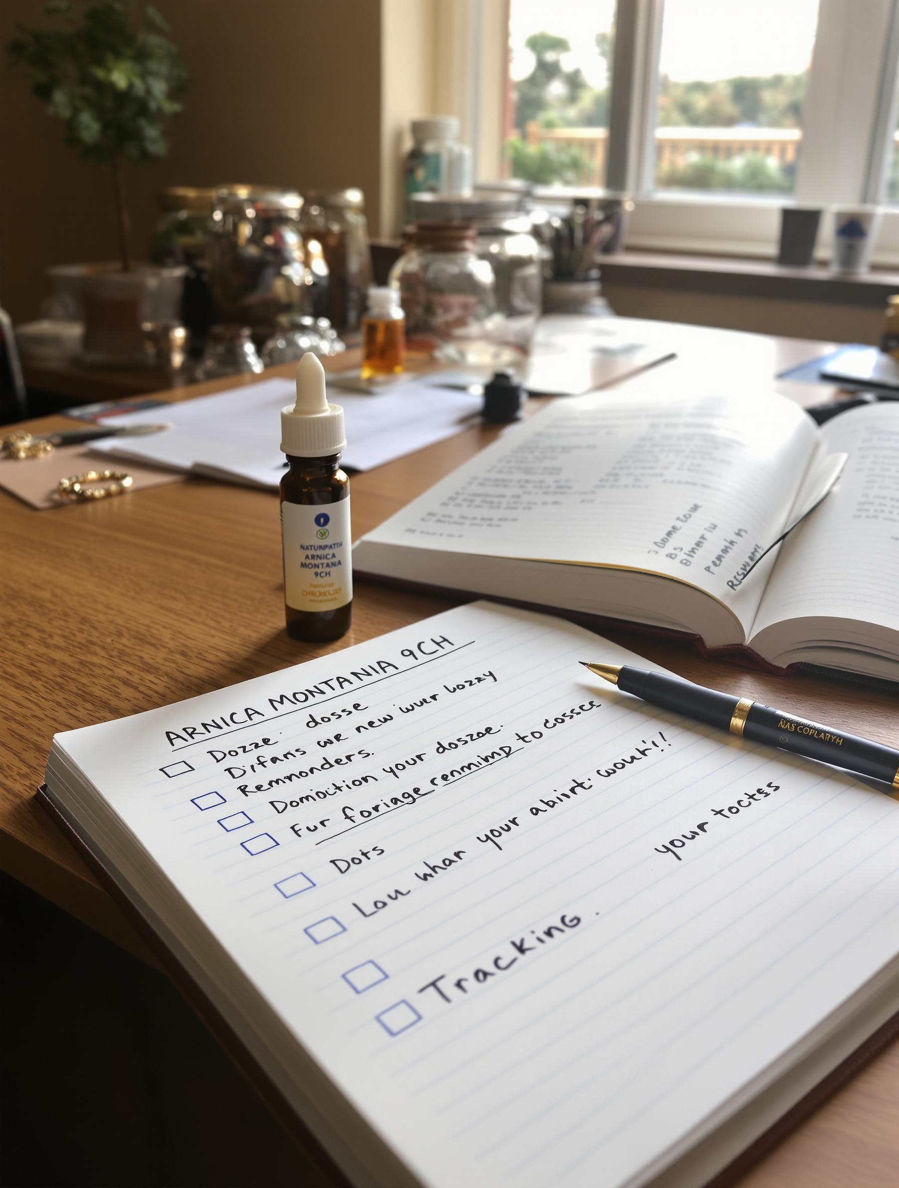 Check-list manuscrite posologie Arnica Montana 9CH avec tube, carnet de suivi, ambiance cabinet naturopathe