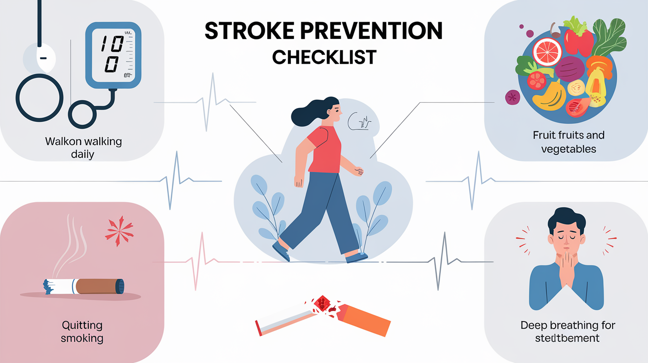 Checklist visuelle prévention AVC : tension, alimentation, marche, arrêt tabac, relaxation
